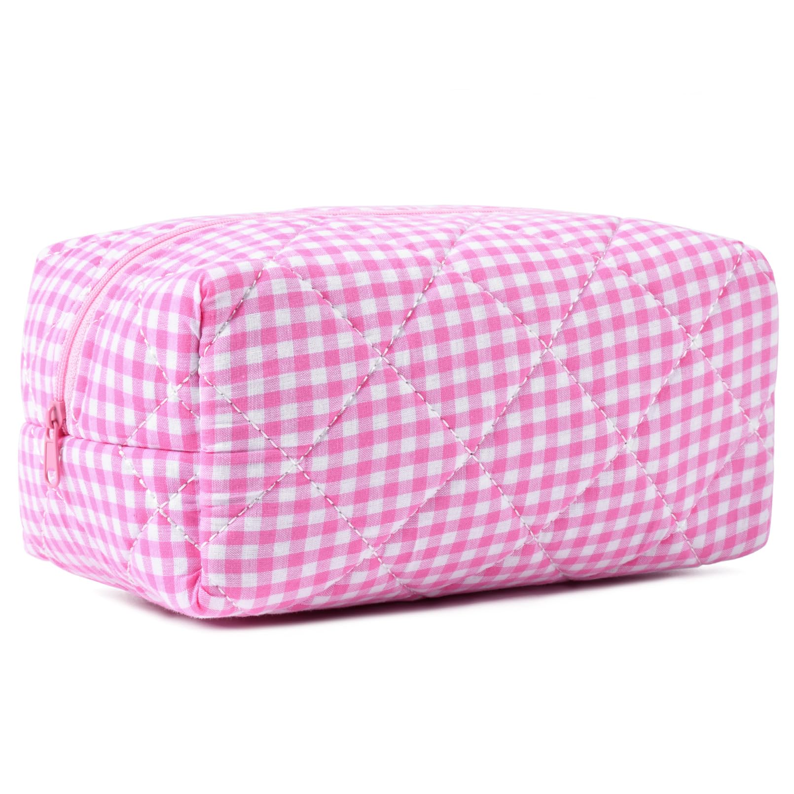 SOIDRAMQuilted Makeup Bag Pink Checkered Cosmetic Bag Cute Puffy Coquette Makeup pouch Aesthetic Travel Toiletry Bag Organizer cotton Makeup Brushes Storage Bag for Women