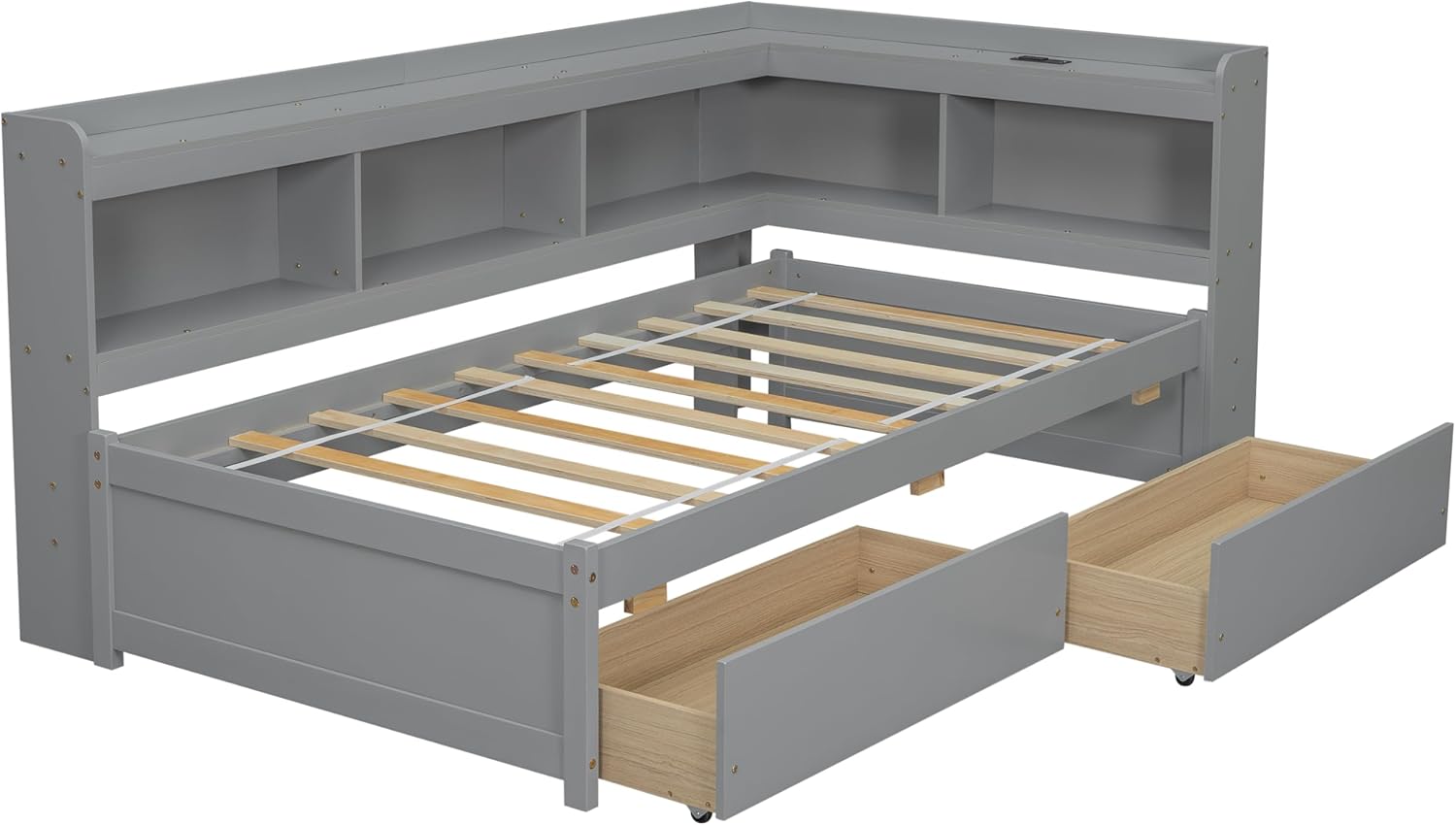 Twin Size Daybed with 2 Storage Drawers,Captains Bed with L-Shaped Bookcase,Built-in USB Ports,Corner Unit Day Bed Frame for Boys,Girls,Adults-Gray