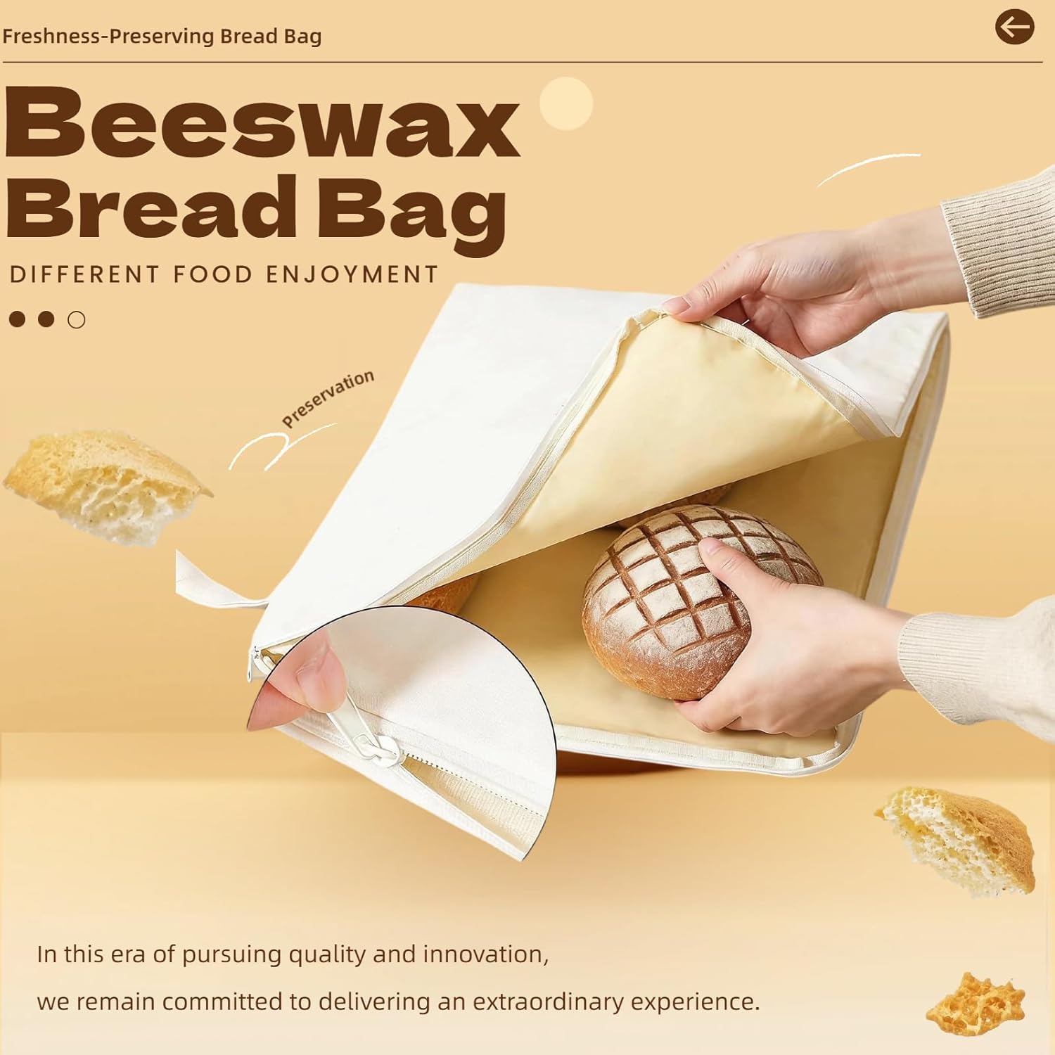 Beeswax Lining Bread Bags, Reusable Bread Bags for Sourdough and Homemade Bread, Moisture Lock with L-shaped Zipper for Bread Freshness with Sealing(2-pack)