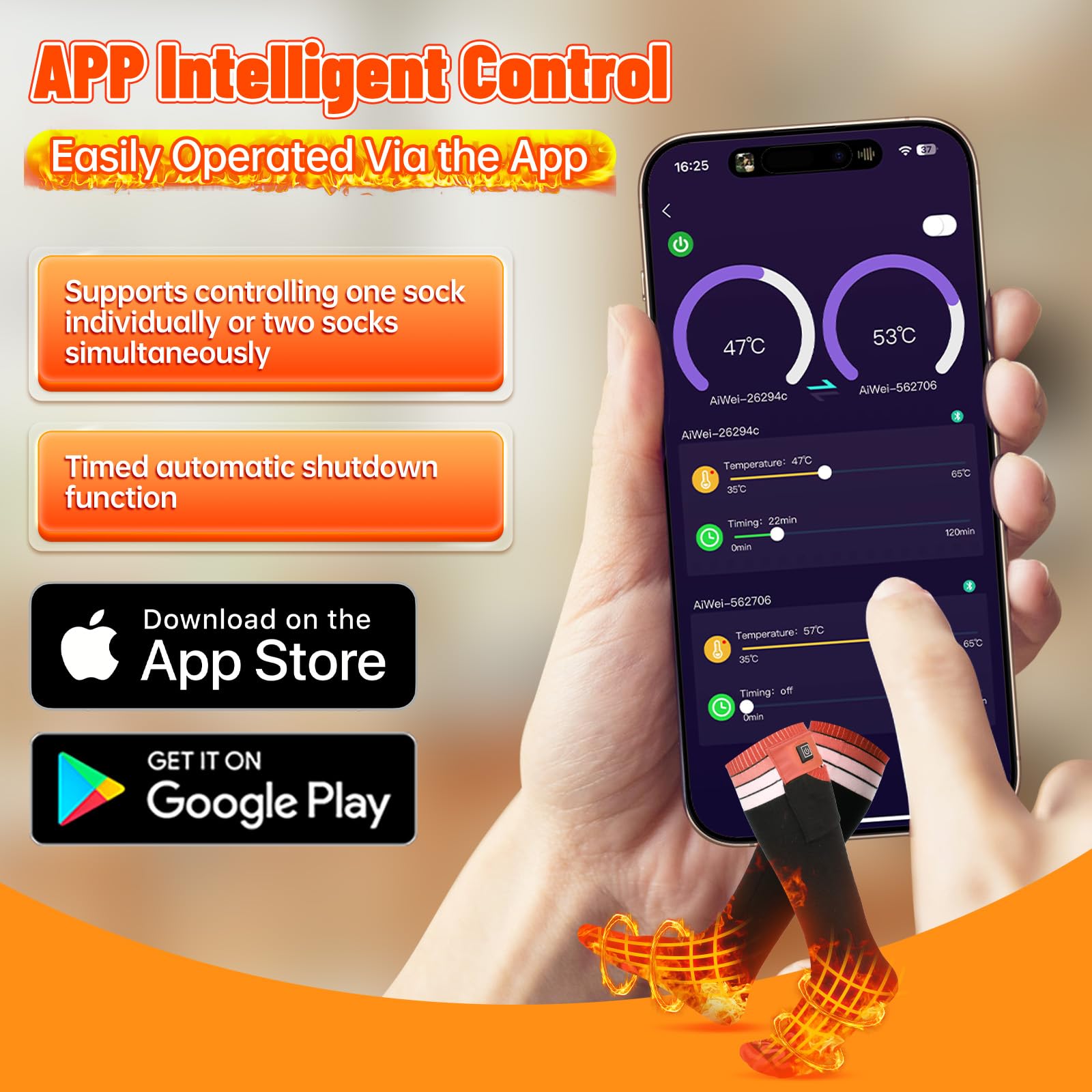 Aotomee Heated Socks for Men Women with APP Remote Control, 7.4V 22.2WH,6000mAh Up to17H Rechargeable (Orange, L)