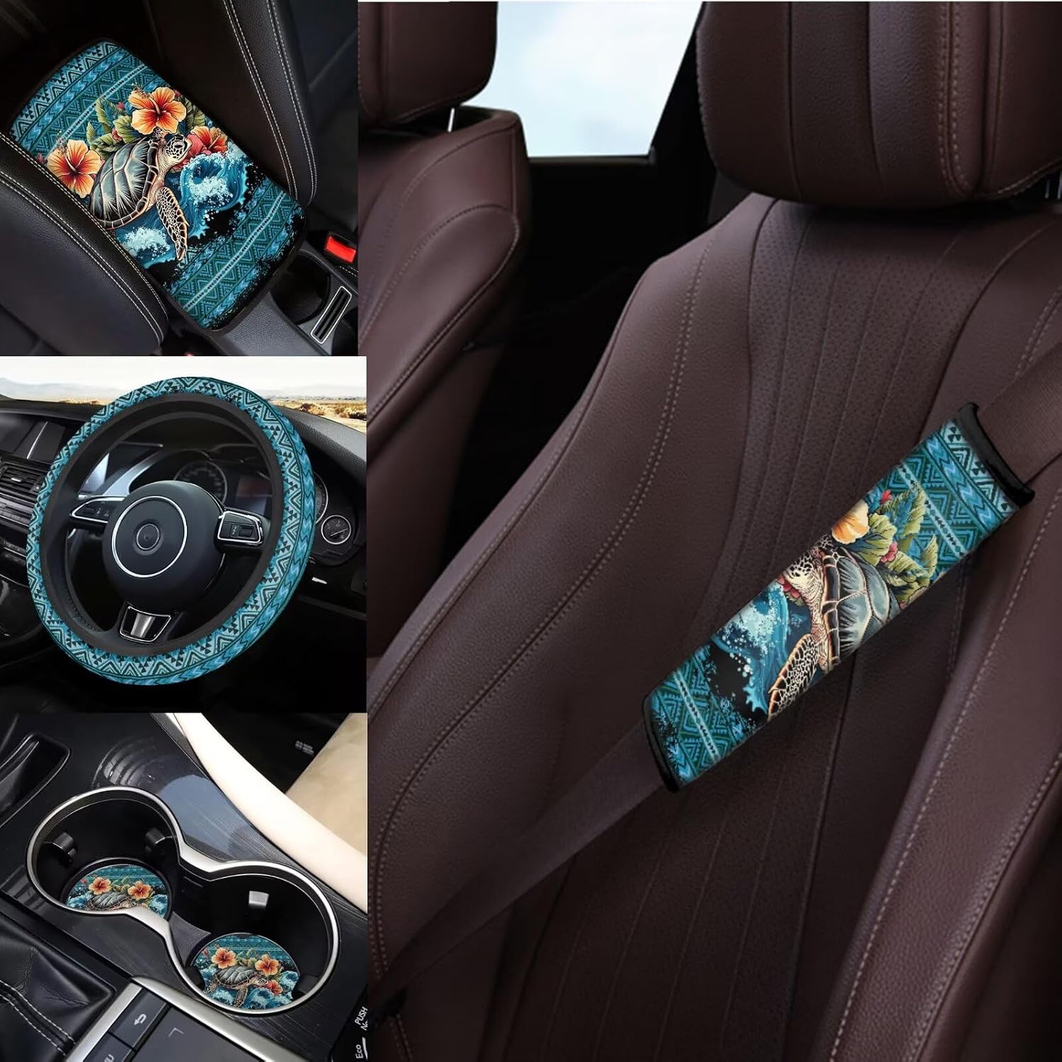 Women Hawaiian Sea Turtle Car Seat Covers Full Set 14 Pcs Flower Sea Turtle Car Interior Accessories with Steering Wheel Cover Hanging Vehicle Trash Bin Universal Seat Belt Pads Cover