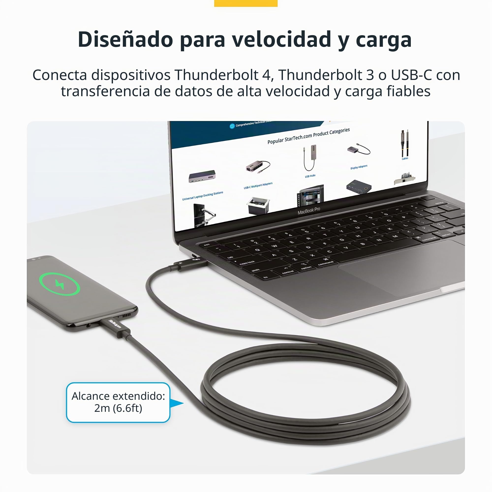 StarTech Cable Thunderbolt 4 Activo 2m USB-C 40Gbps 100W PD Video 8K | Video 8K 60Hz, Doble 4K 60Hz, DisplayPort 1.4a con DSC, PCIe 3.0, Para MacBook M1 M2 M3