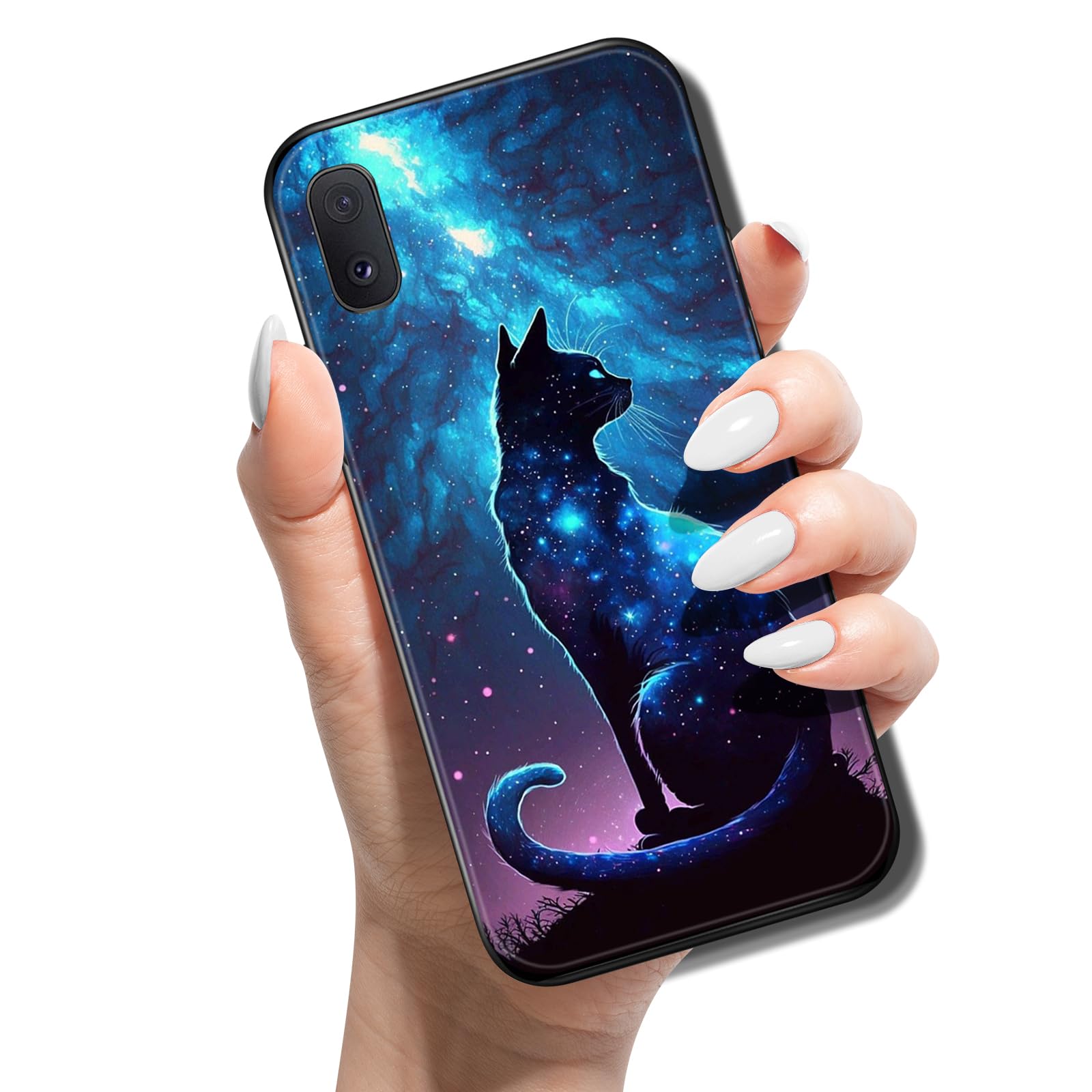 E-Pandafor Samsung Galaxy A10 / M10 Case Ultra Thin Slim Black TPU Soft Silicone Gel Bumper Shockproof Protective Cover Sparkle Clear Pattern Design Personalised Kawaii Cute - Cat Moon Starry Sky