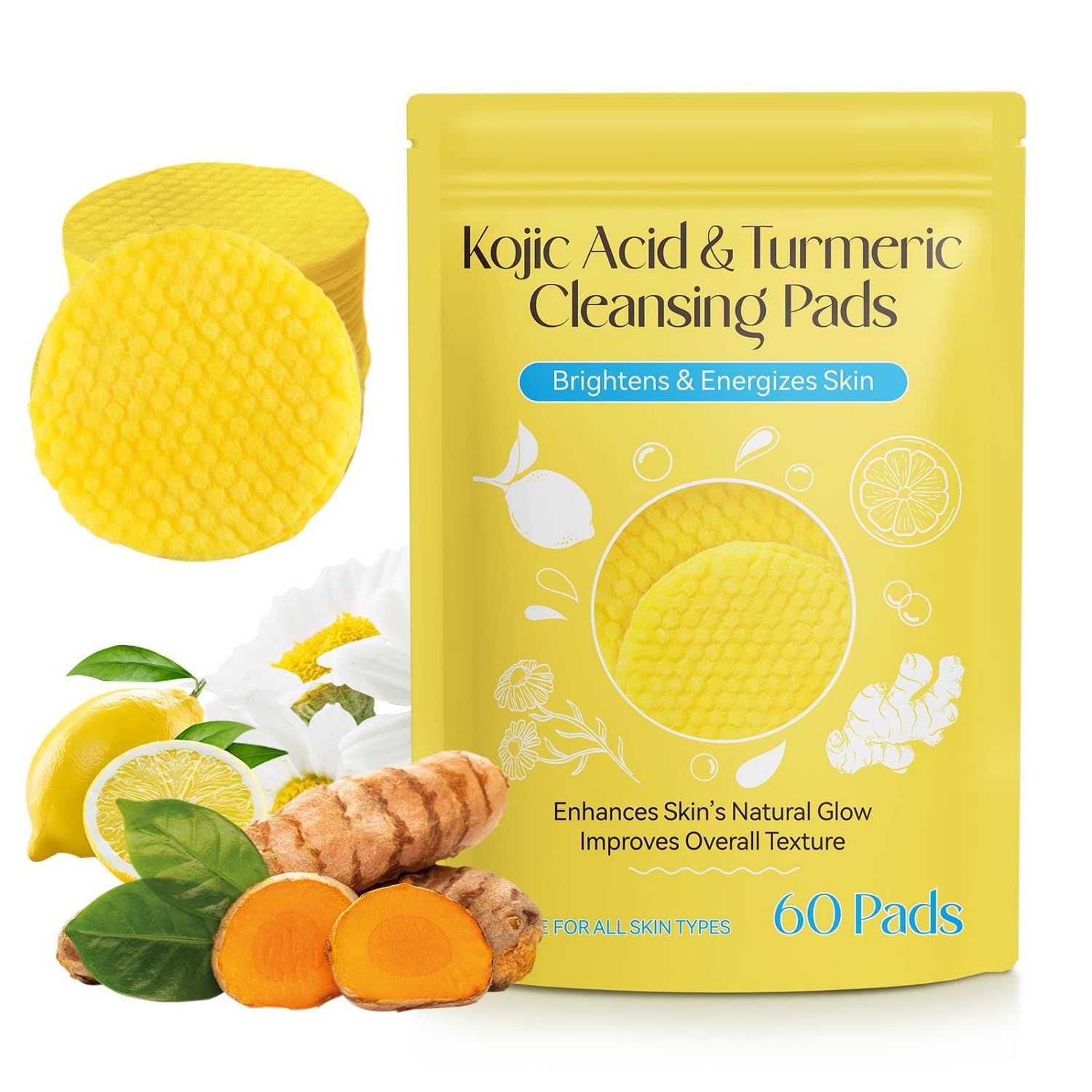 OUKPANE60 Pcs Turmeric Cleansing Pads, Kojic Acid Turmeric Cleansing Pads,Enriched Vitamin C,Gentle & Non-Irritating.