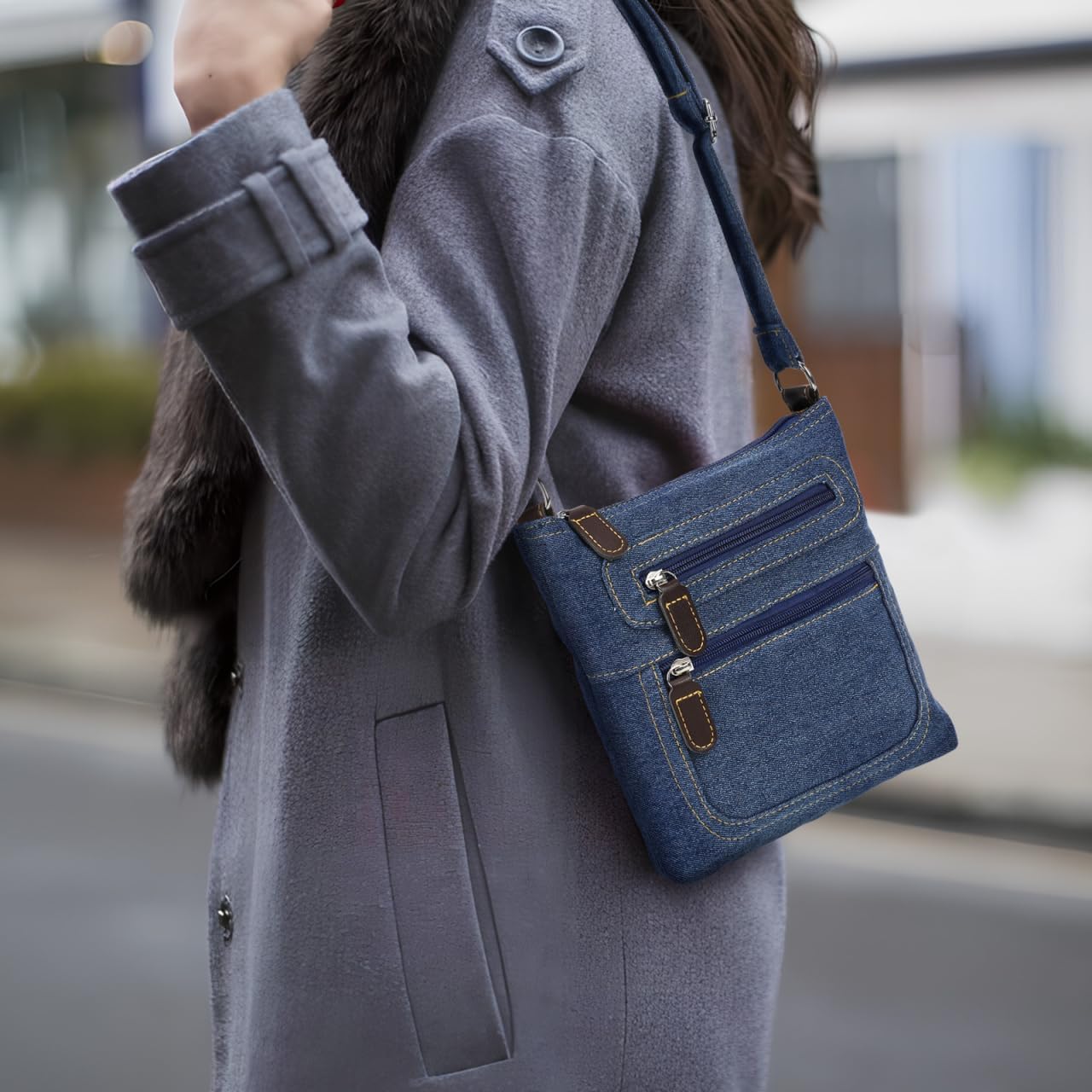 Small Denim Crossbody Bag for Women Multi-Zip Lightweight Square Shoulder Bag Casual Purse for Cell Phone Wallet Essentials - Image 2