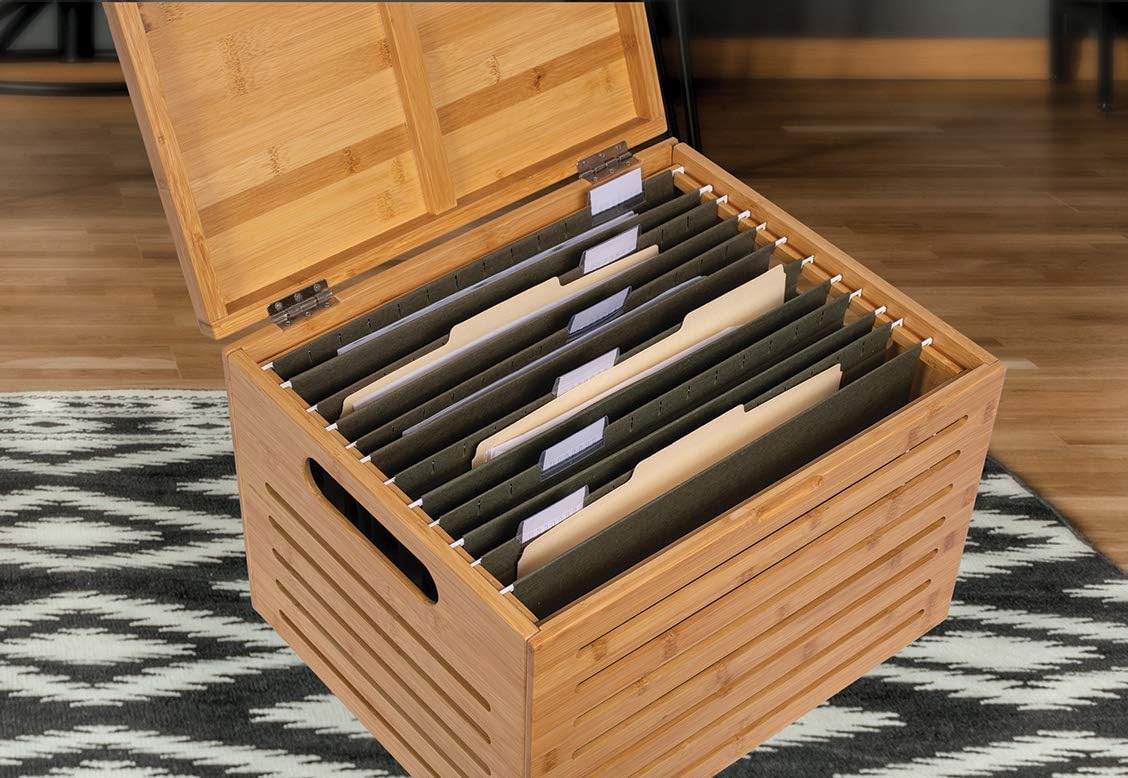 Natural Bamboo Rolling File Storage Organizer with Lid