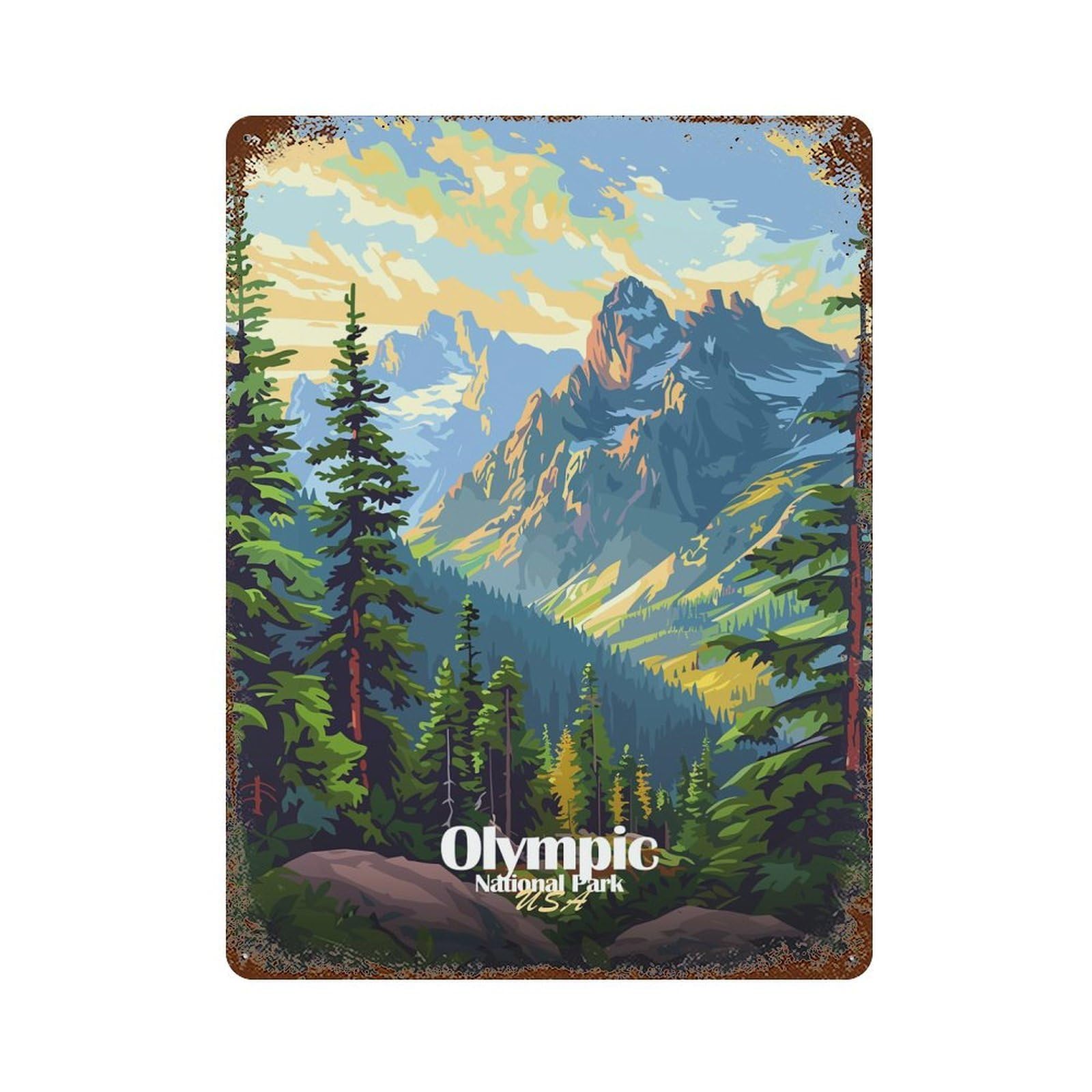 Olympic National Park Illustration Weathered Tin Sign 15.7"x11.8", Shabby Chic Decor for Garage, Pub Or Kitchen