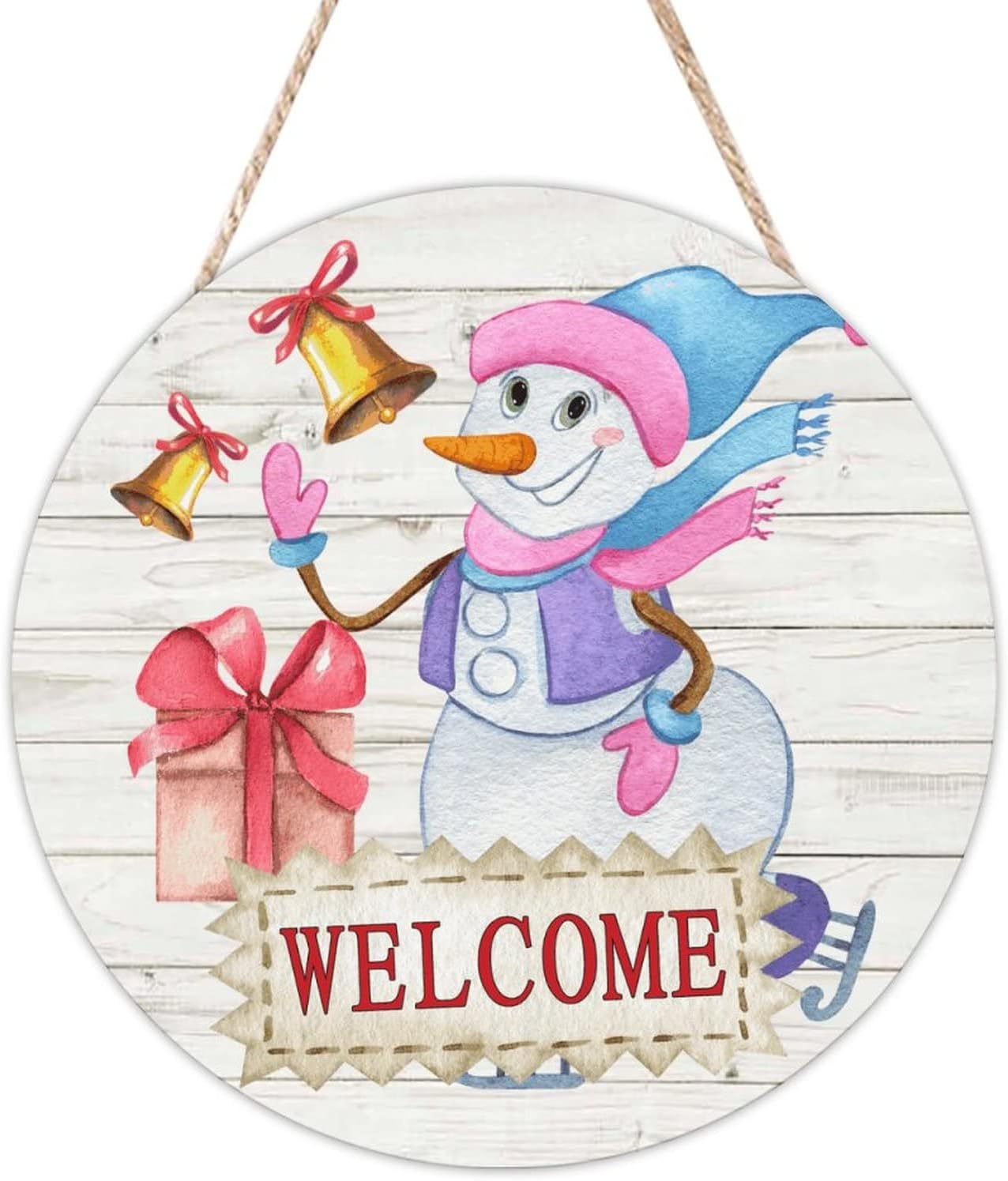 Christmas Snowman Welcome Wood Door Sign Winter Welcome Front Door Sign 16x16in Christmas Welcome Wall Door Hanging Sign for Outdoor Front Porch Farmhouse Front Door Decor Housewarming Gifts
