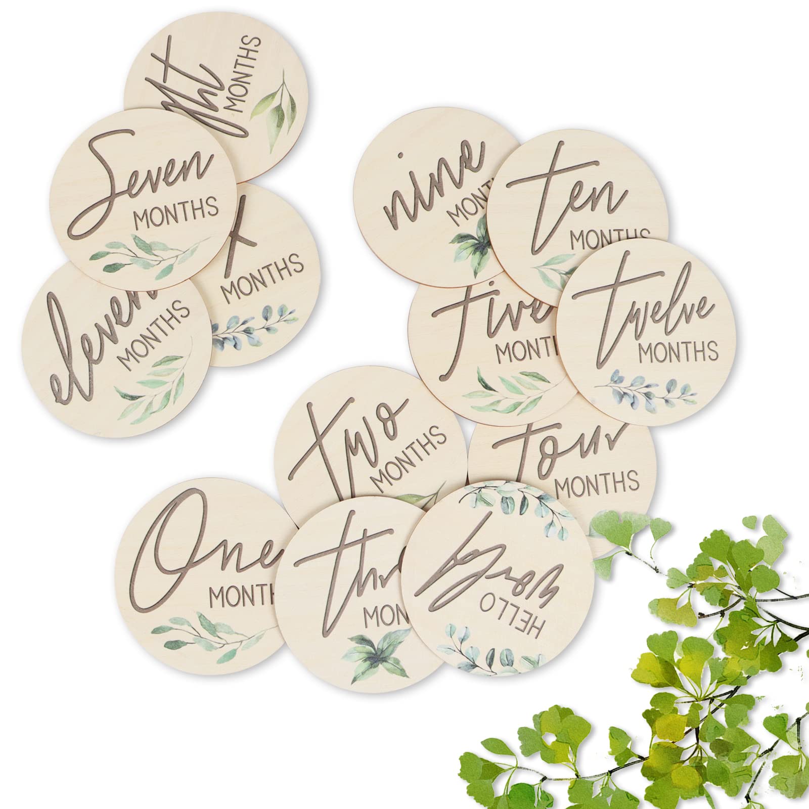 Anyzal Newborn Announcement Sign Wooden Monthly Milestone Cards Newborn Baby Birth Sign Set of 13 Baby Name Information Sign for Baby Shower, Nursery Wall Decor(Round)