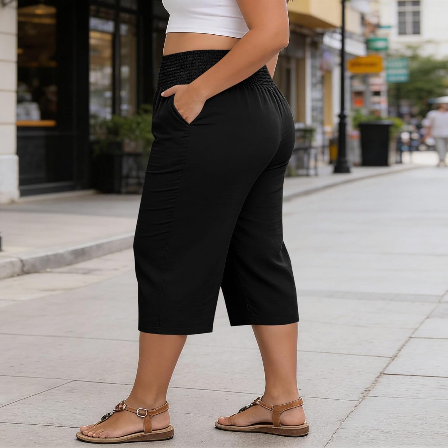 Women's Plus Size Capri Pants Wide Leg High Waisted Summer Capris Loose Tummy Control Cropped Palazzo Trousers