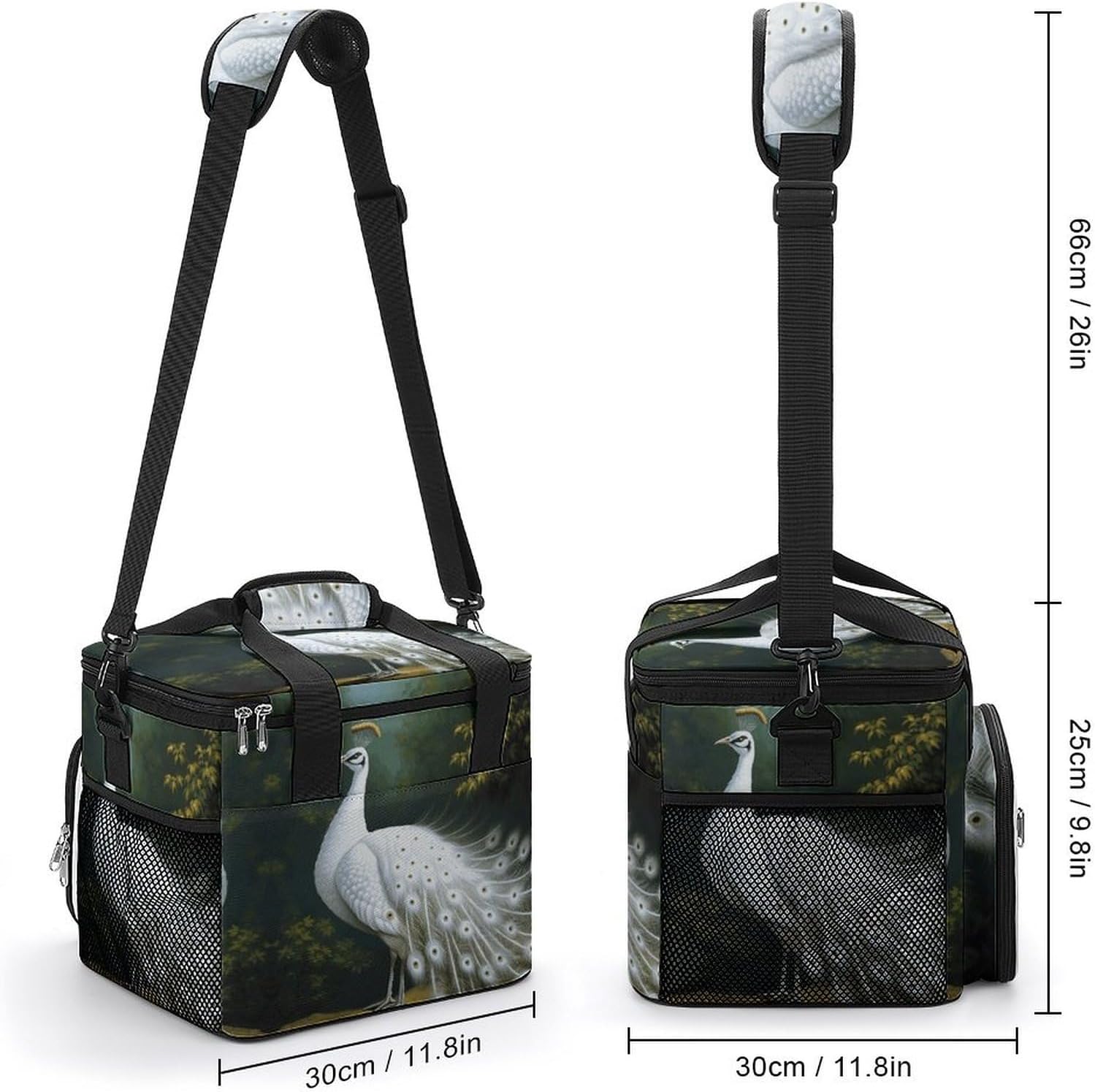 Camping Ice Pack, White Peacock Print Cooler Bag, 22.5L Large Capacity Insulated Lunch Tote Bag for Outdoor, Picnic, BBQ, Travel, Work