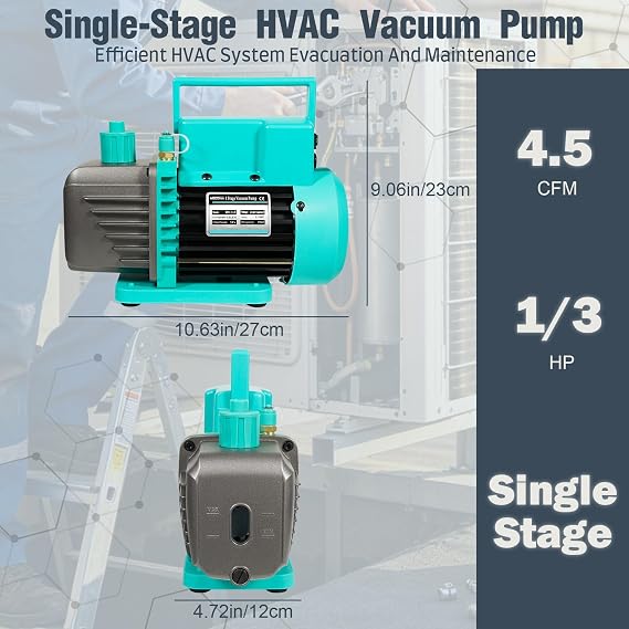 4.5CFM 1/3HP Vacuum Pump for HVAC Systems, Single Stage AC Vacuum Pump with Foldable Handle, Aluminum Housing for Automotive and Household AC Maintenance, with Oil