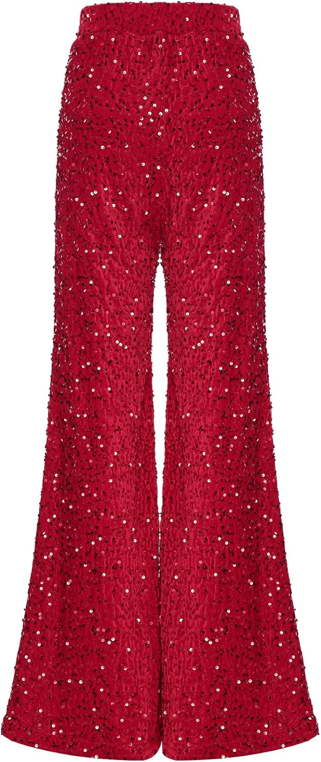 Women Sequins Wide Leg Trousers Shiny Wide Leg Pants Glitter Palazzo Pants Y2K Streetwear Clubwear