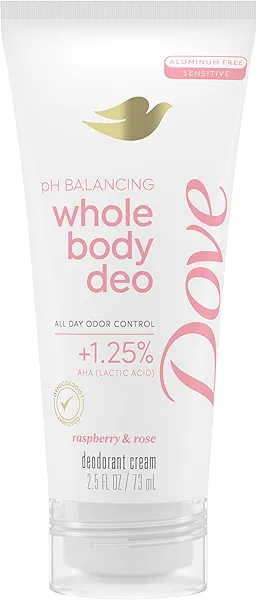 Dove Whole Body Deodorant Aluminum Free pH Balancing Cream Raspberry & Rose for 72h Odor Control 2.5 Oz