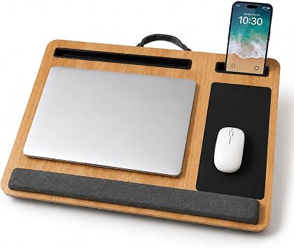 Wooden Lap Desk with Cushion,Work from Home Solution, Lightweight, Fits up to 17 inches Laptop,Lightweight Stand with Soft Wrist Pad,Laptop Pad for Couch