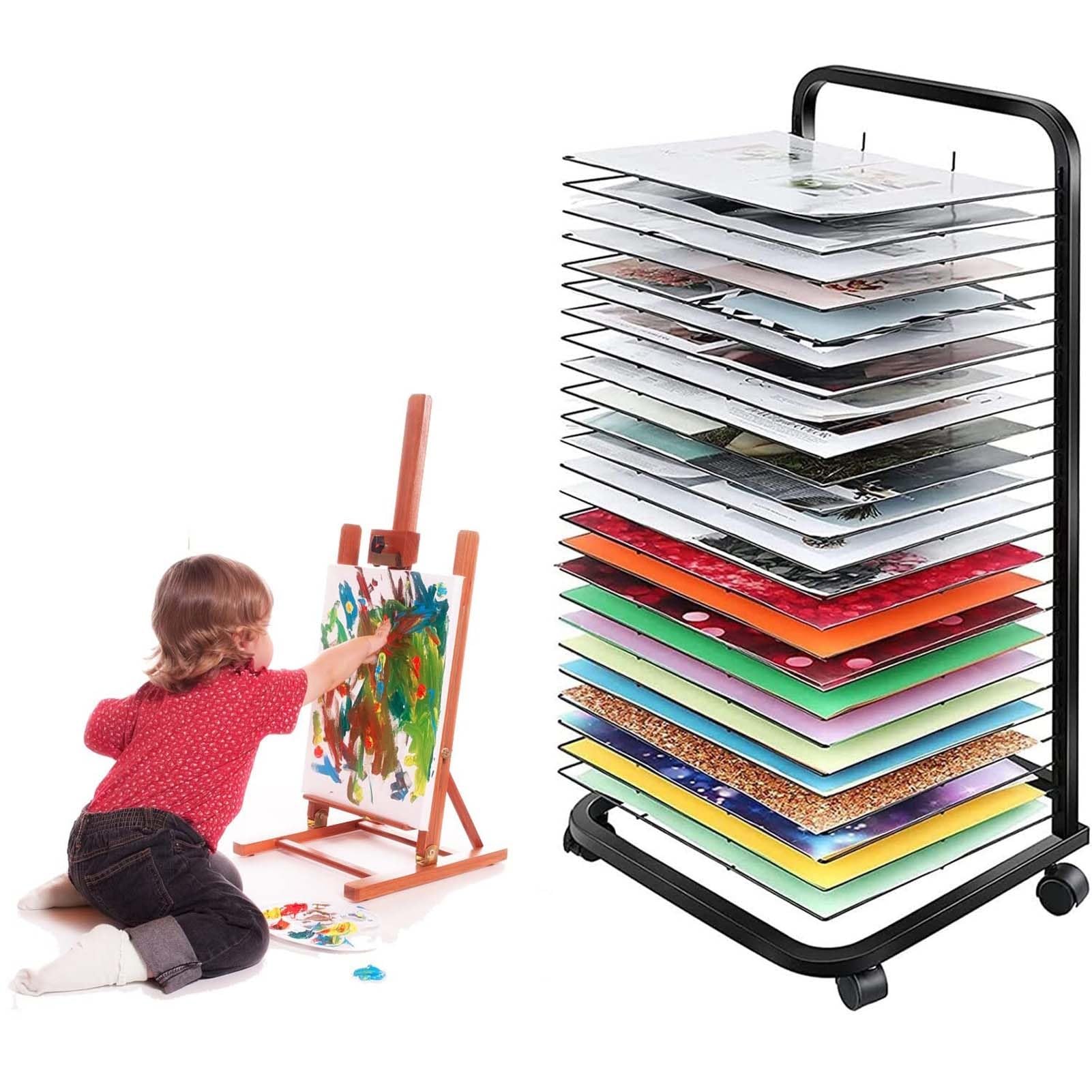 THEGA Flexible Art Drying Rack With Mobile Cart And Stackable Shelves - Ideal For Classroom, Art Studios And Home Use - Stainless Steel Wire Rack For Painting, Craft And Canvas(25 layers)