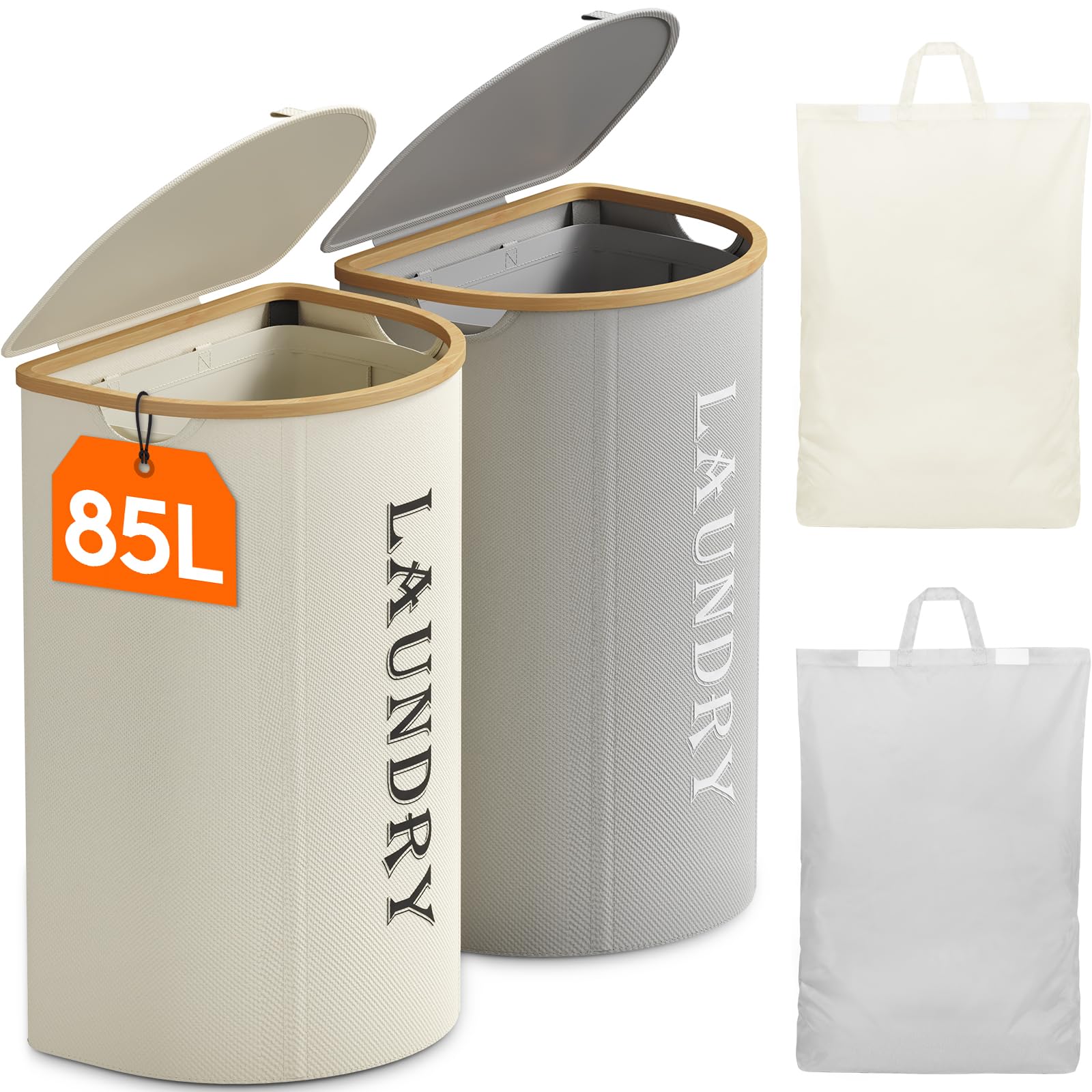 Lifewit Set di 2 cesti portabiancheria da 170 litri con coperchio, 2 scomparti e 2 sacchetti portabiancheria rimovibili, pieghevoli per lavanderia, camera da letto, bianco e grigio argento