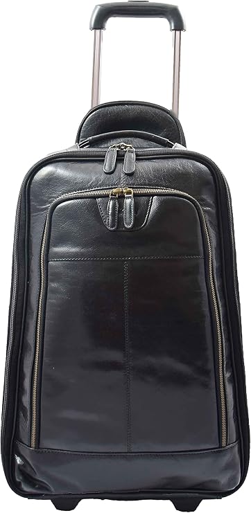 A1 FASHION GOODS Real Black Leather Luggage Wheeled Cabin Size Suitcase Travel Bag Trolley Carlos, Black, Small L: 35 x H: 55 x W: 20, Hand Luggage