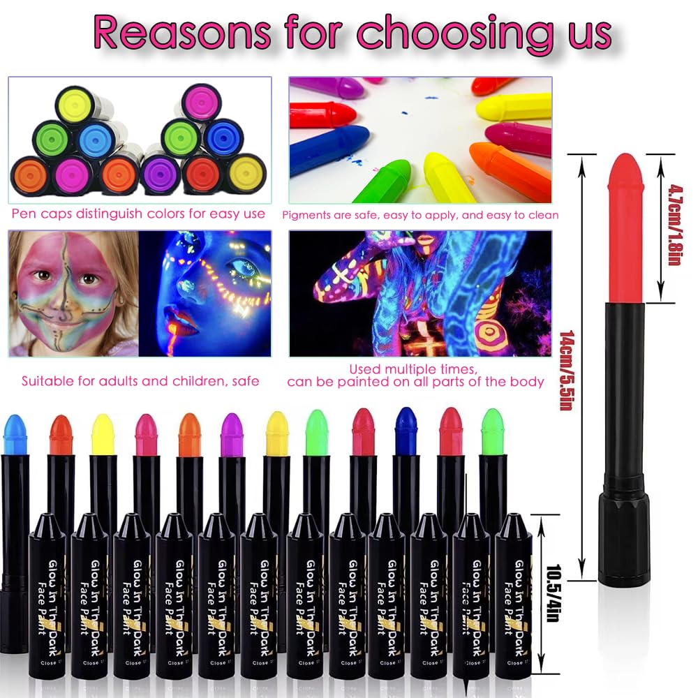 Farba fluorescencyjna UV, HISUNBEN 12 neonowych ołówków do twarzy i ciała, zmywalna, nietoksyczna farba neonowa UV, na festiwal, Mardi Gras, Halloween, do makijażu