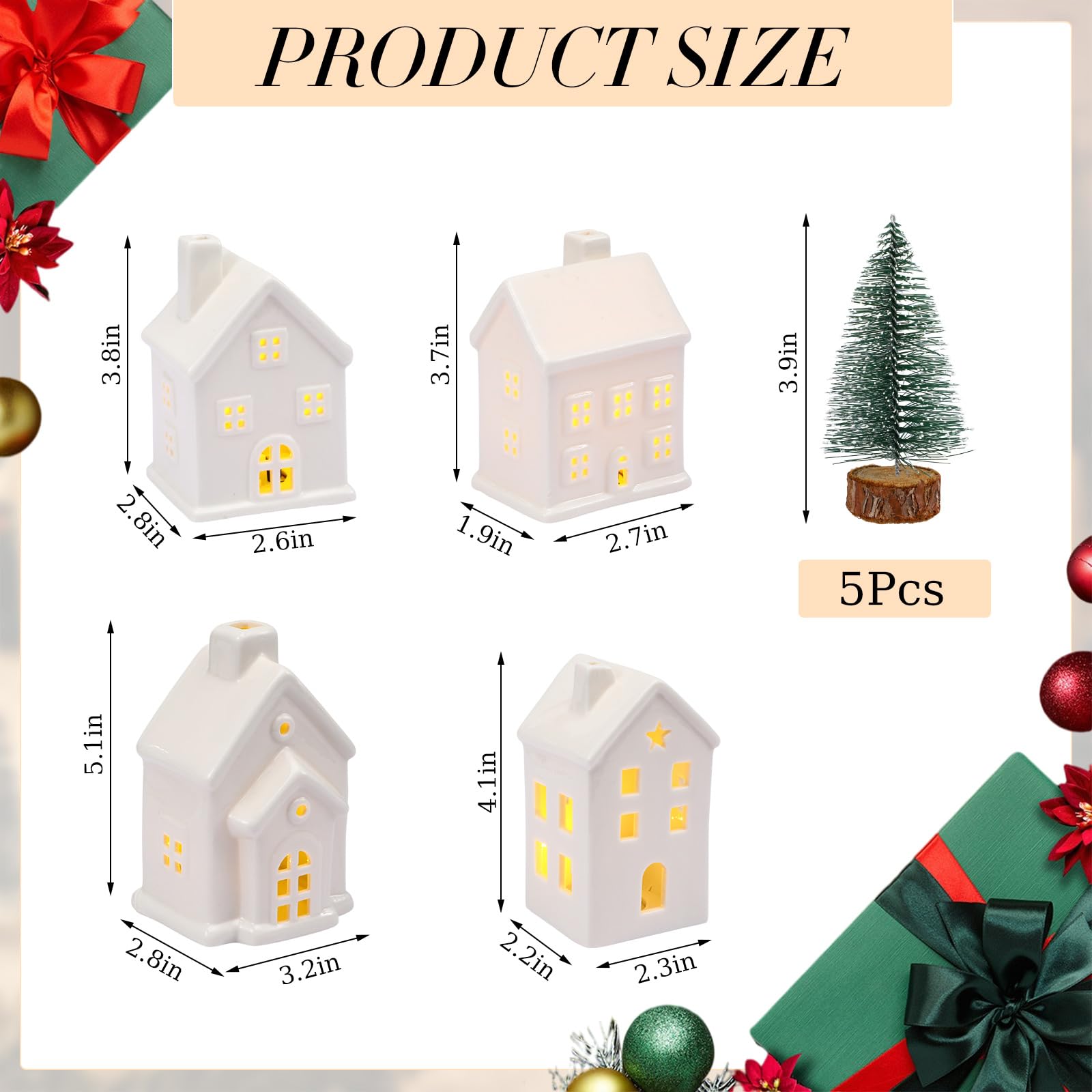 Wesiti Lot de 9 maisons de village de Noël en céramique blanche pure | Mini sapin de Noël lumineux à DEL, accessoire d'hiver, figurine décorative pour Noël, bureau, maison, table, chambre