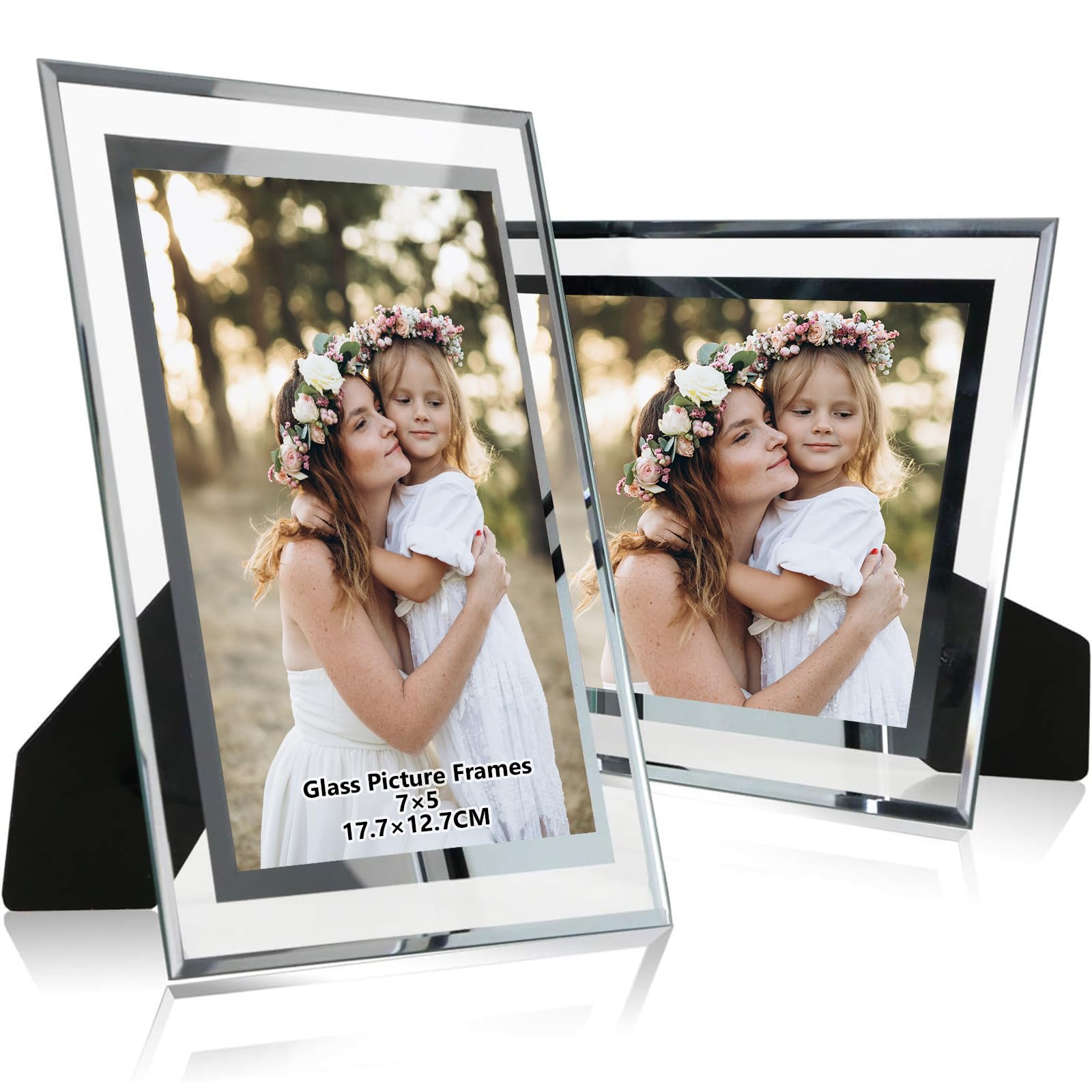 DMSELL 2 Pack Glass Photo Frame 7x5, Glass Picture Frames 7x5 for Wedding Photos,Family Photos and Home Decoration