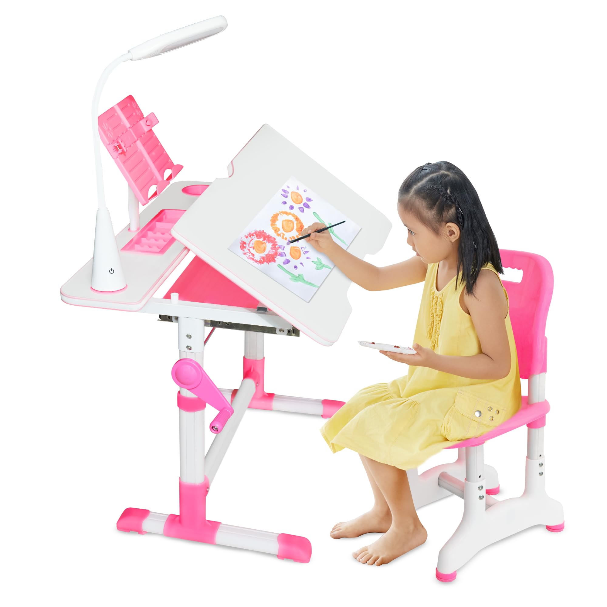 Gorilla Gadgets Kids Table and Chair Set for Ages 4-12, Height Adjustable Children's Study Station, Student School Table with Light, Pencil Case, and Bookstand (DSK-Kids)
