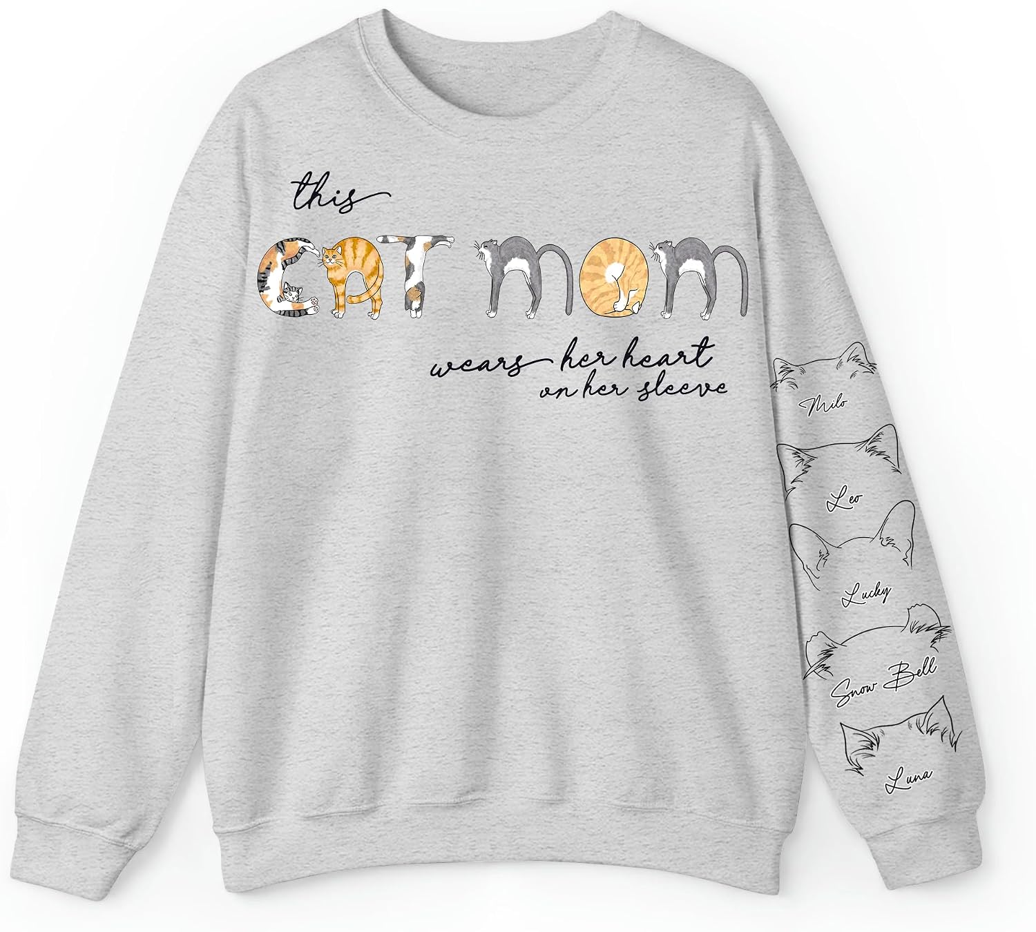 Gossby Personalized Custom Sweatshirt - This Catmom wears her heart on her sleeve Custom Dog Ears Sweatshirt, Line Art