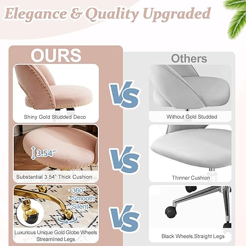 Vista 101 de VINGLI Silla de oficina pequeña de terciopelo moderna, bonita silla de escritorio con ruedas, base dorada/tachuelas, cómoda silla giratoria sin Beige