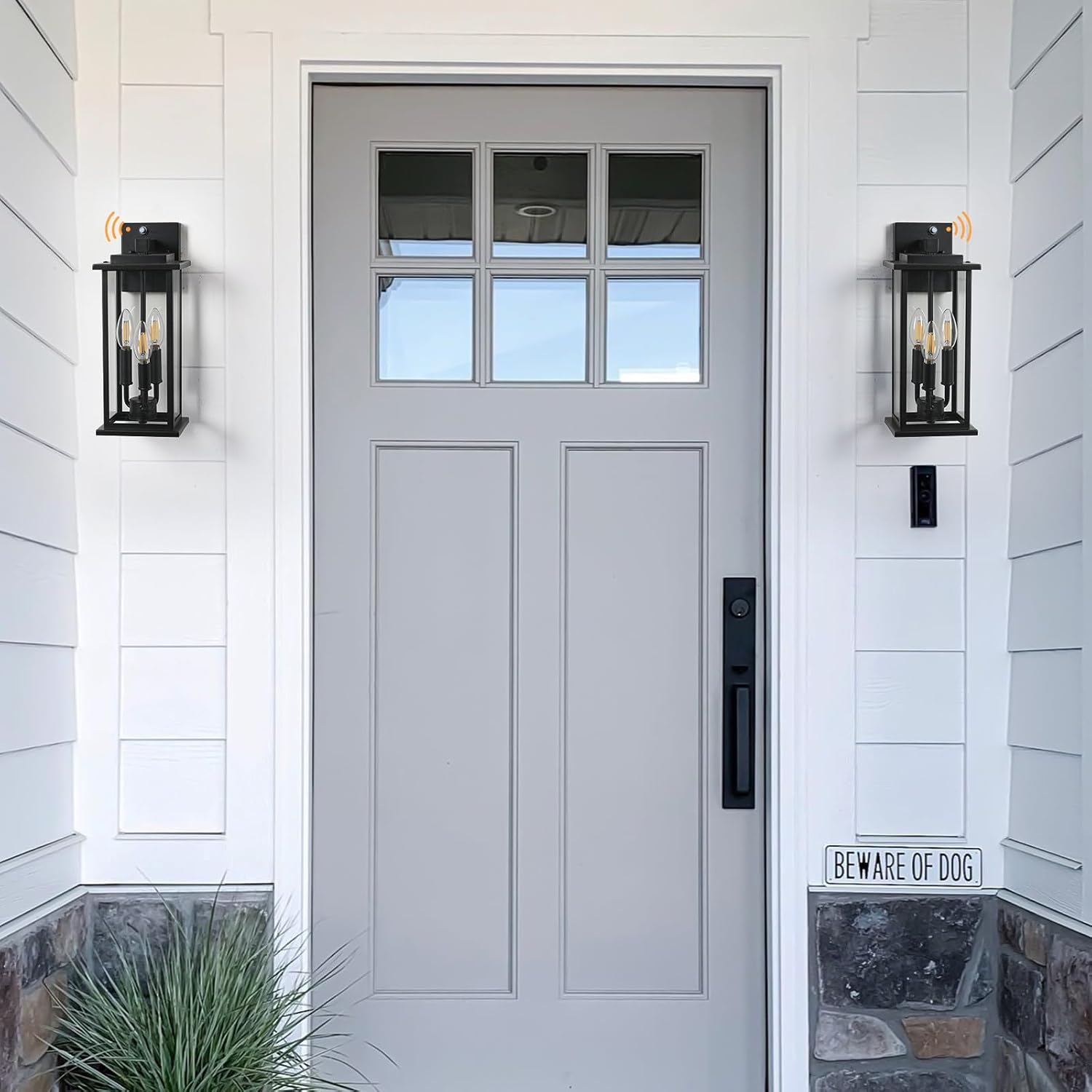 Dusk to Dawn Outdoor Wall Lantern Candelabra 3-Light, 15" Exterior Wall Light Fixture with E12 Base Outside Lights for House Porch Garage, Black 2 Pack