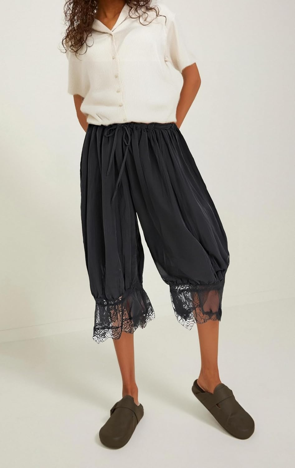 Cropped Lace Pants for Women Ruffle Long Bloomers Flare Lace Trim Pantaloons Vintage Capri Bloomer Pants - Image 6