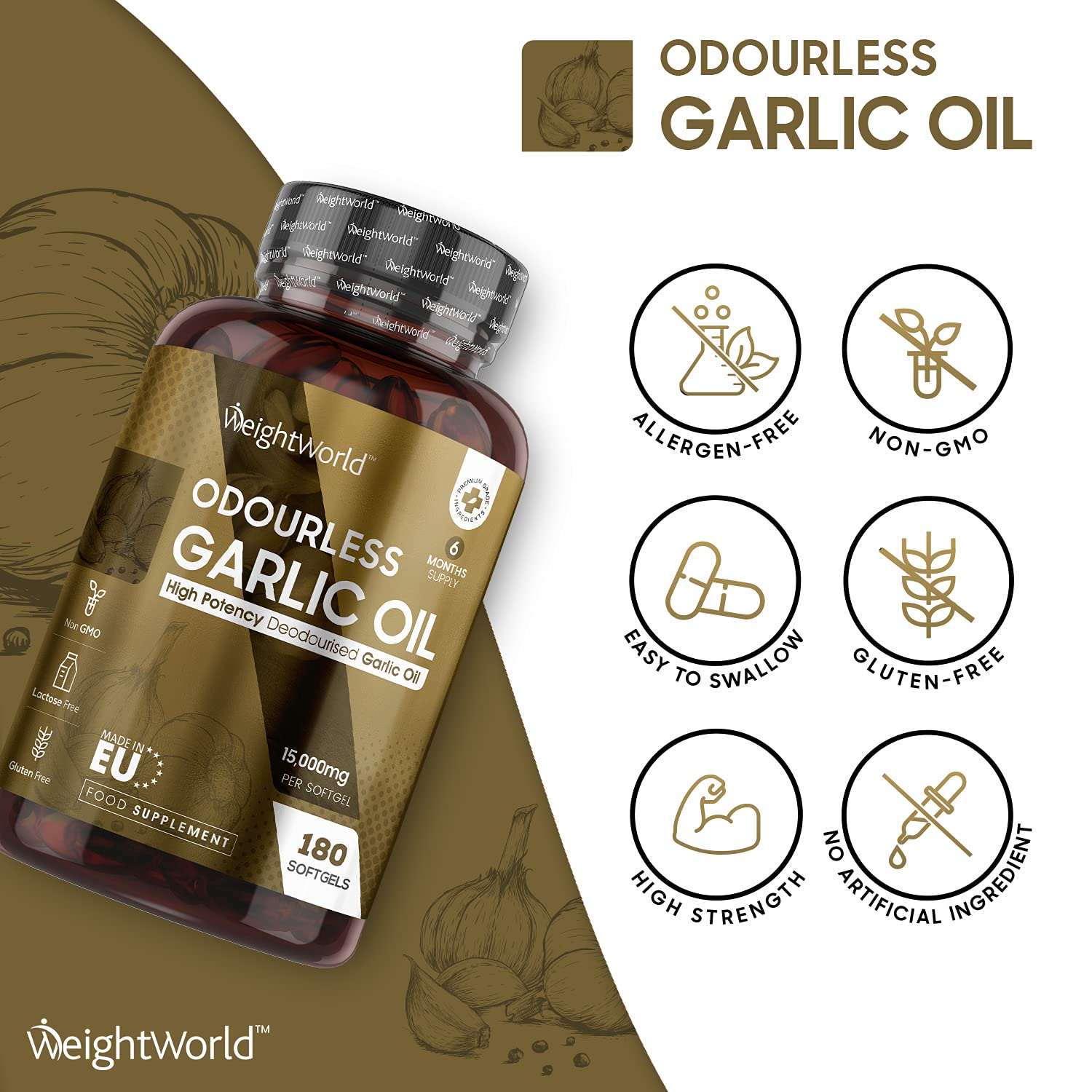 Odourless Garlic Capsules 30,000mg 180 Softgels (Up to 2 Softgels A Day) High Strength