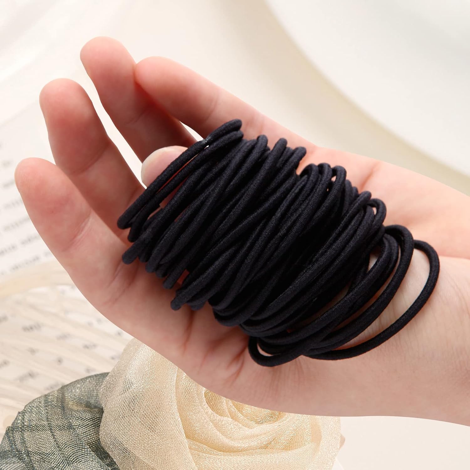 Hair Tie, 200 Count - Black, 3mm Thick Elastic Hair Ties for Women Girls, Men - No Damage, Perfect for Fine, Curly Hair and Sensitive Scalps