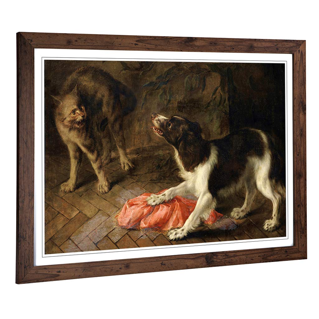 Big Box Art Framed Print of Abraham Hondius Cat and Dog Design | Wall Art Picture | Home Decor for Kitchen, Living, Dining Room, Bedroom, Hallway, Office, Walnut, A2 / 24.5x18 Inch / 62x45cm