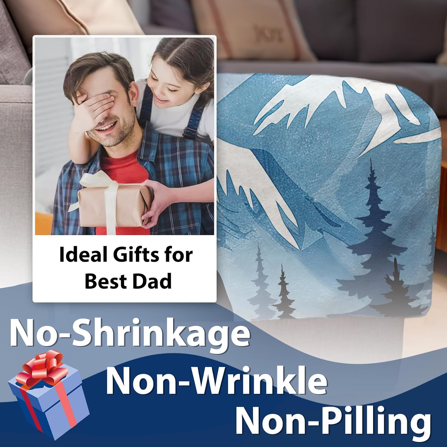 Gift for Dad from Daughter Son Flannel Throw Blanket, for Daddy, Birthday Ideas, Bear Dad Present for Men, Mountain Forest Soft Bedding Sofa Blankets 50 x 60 in