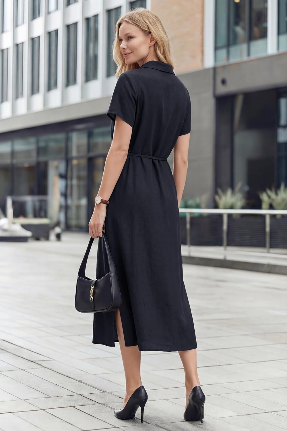 Arach&Cloz Women's Linen with Pockets Midi Summer Spring Shirt Dress 2026