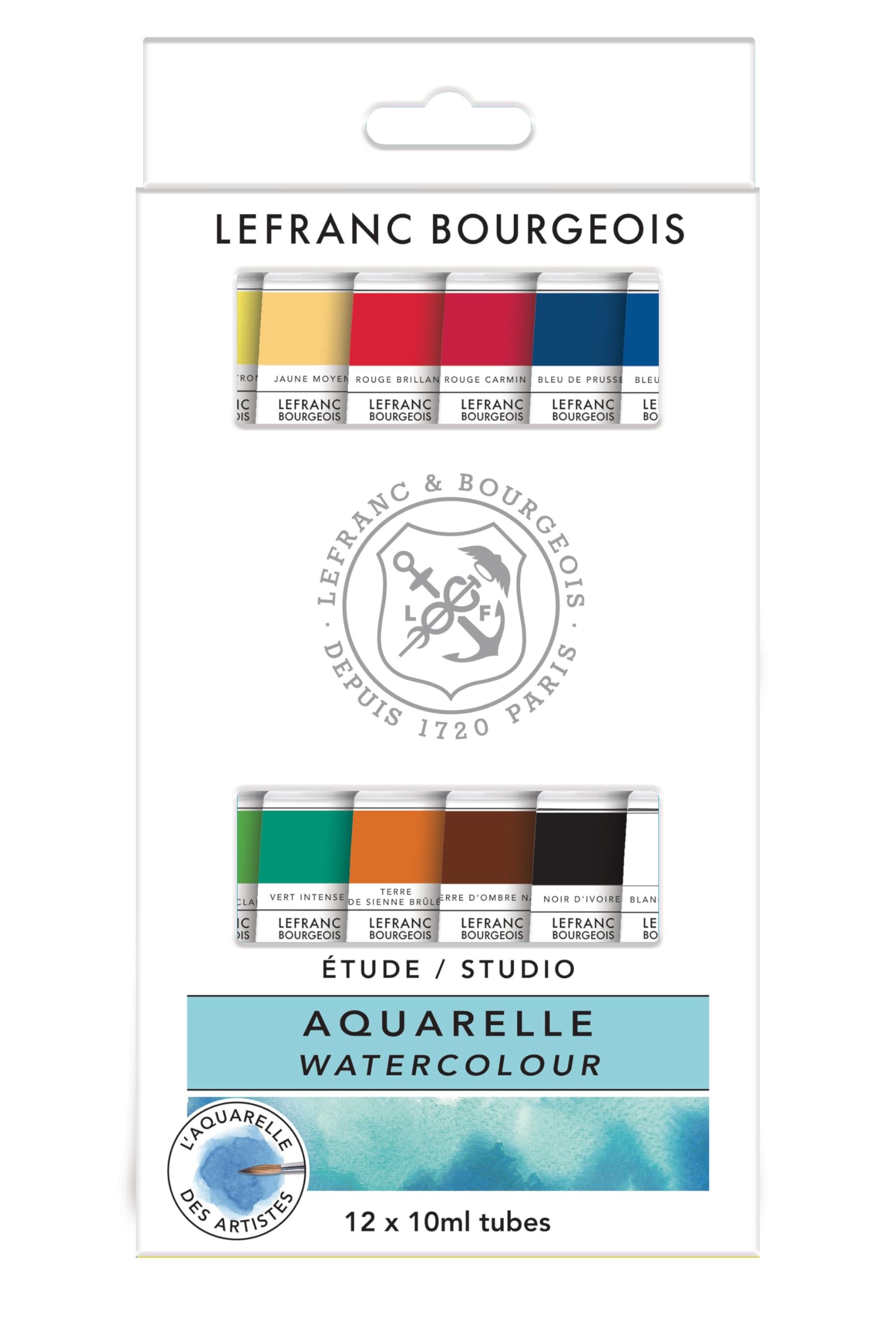 Lefranc & Bourgeois 301448 zestaw akwarelowy z 12 mocnymi farbami akwarelowymi studyjnymi, wysokiej jakości farby akwarelowe o doskonałej odporności na światło, przezroczystości, blasku – 12 kolorów w
