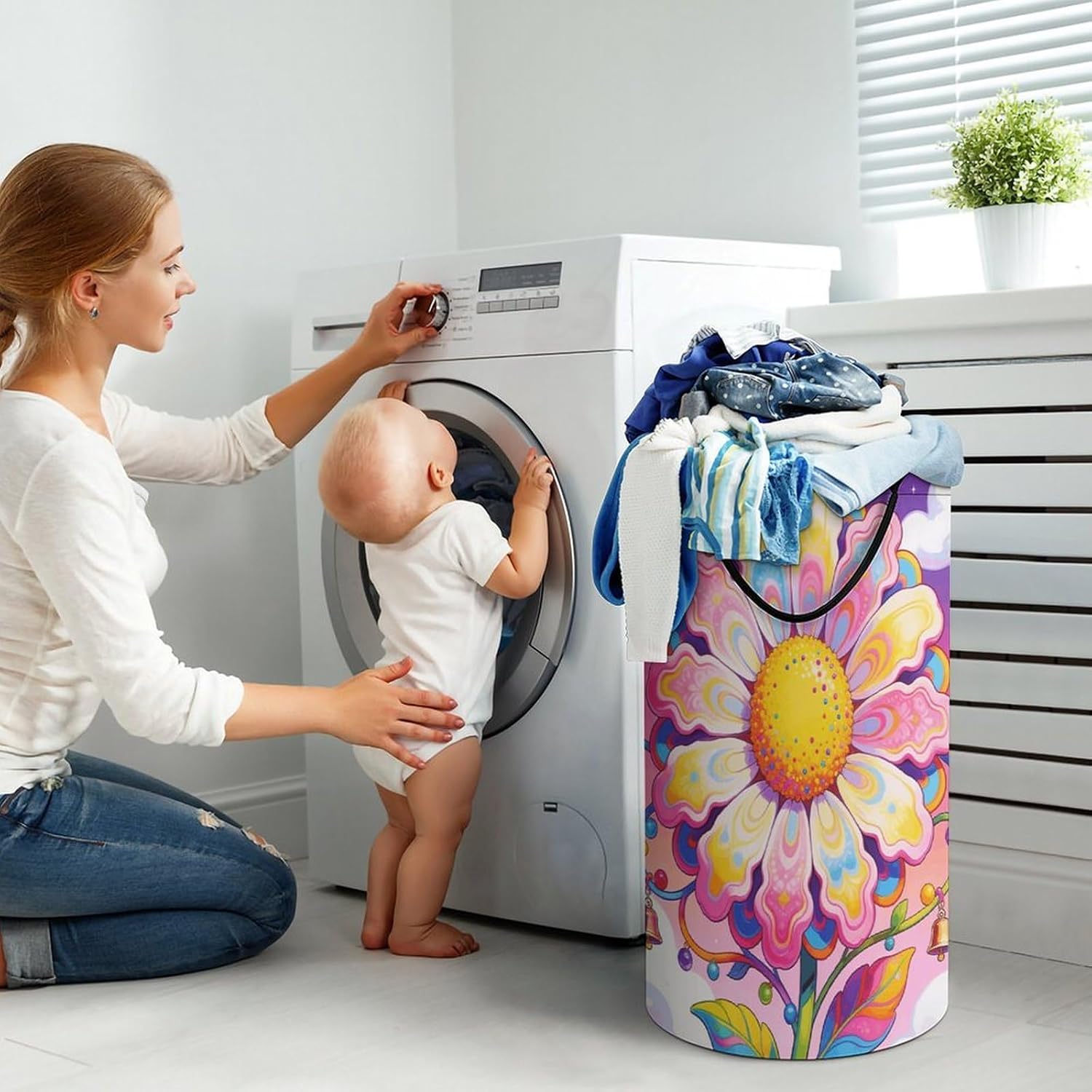 Sugar-colored Flower Bells Laundry Hamper with Handles Waterproof Collapsible Laundry Basket Large Lightweight Round Dirty Clothes Hamper for Home Dorm Bathroom Decor