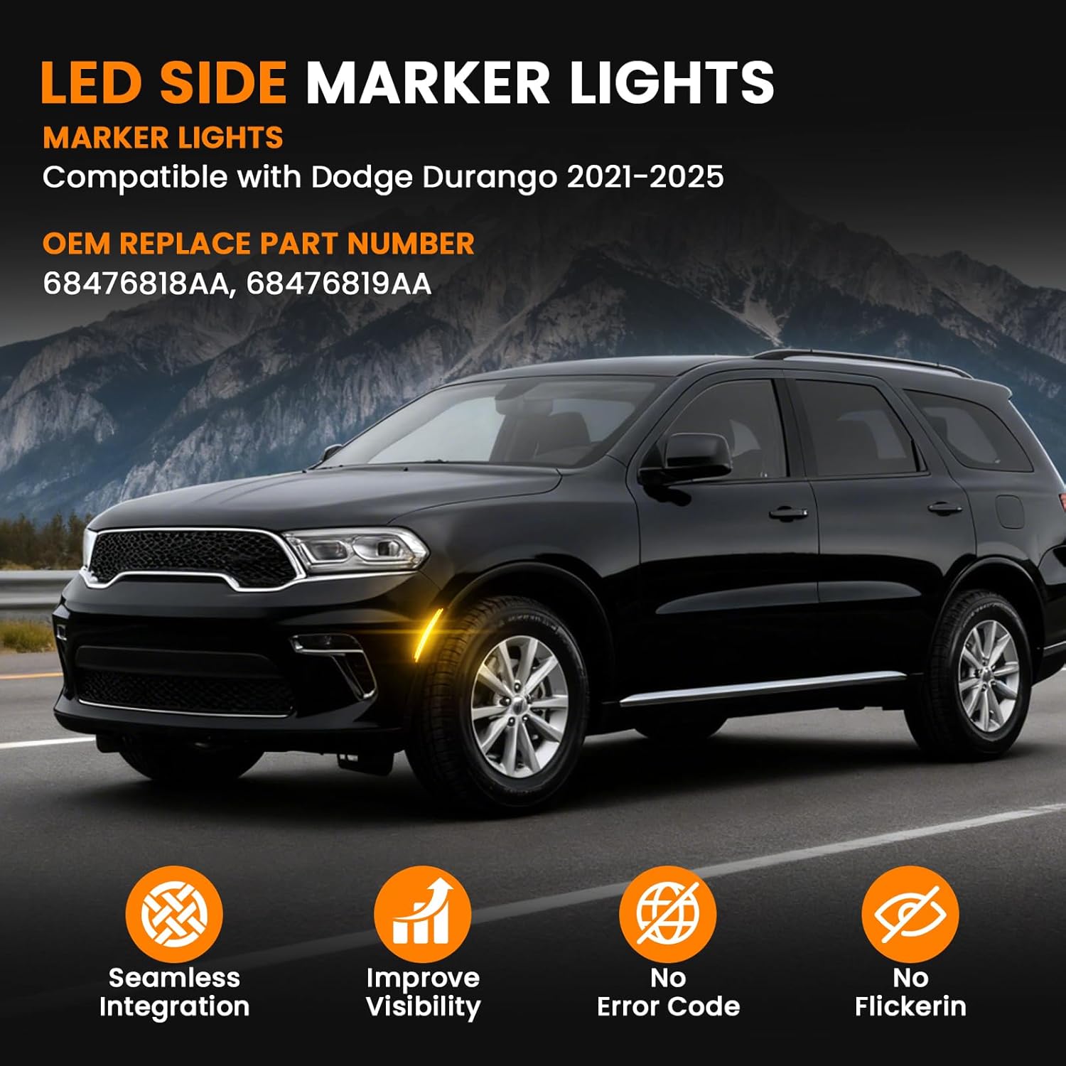 D-Lumina 2PCS Upgraded LED Side Marker Lights Compatible With Dodge Durango 2021-2025, Amber 2-Row Front Bumper Marker Lamps, Smoked Lens Driver & Passenger Side Turn Signal Lights
