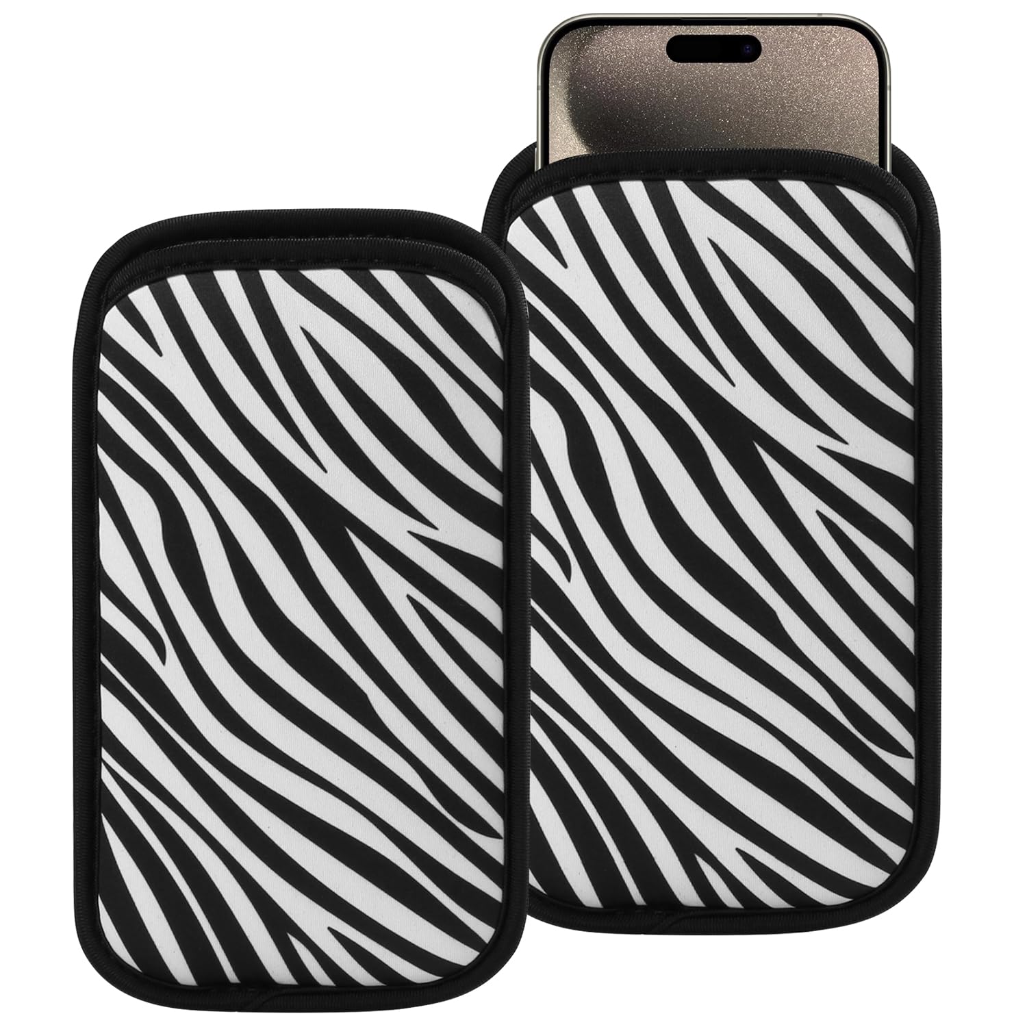 2 PCs Neoprene Cell Phone Sleeve Phone Pouch Compatible for Apple iPhone 16 Pro Max 16 Plus XS Max Galaxy S25 Ultra S25+ S24 FE A16 A35 A55 Pixel 9 Pro XL Moto G Play Power (Large, Zebra)