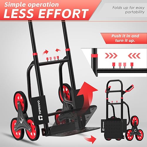 Miniatura 5 de Carro de mano para escaleras, 440 libras, carrito de carretilla resistente para escaleras, tubo de acero mejorado grueso plegable con seis ruedas y