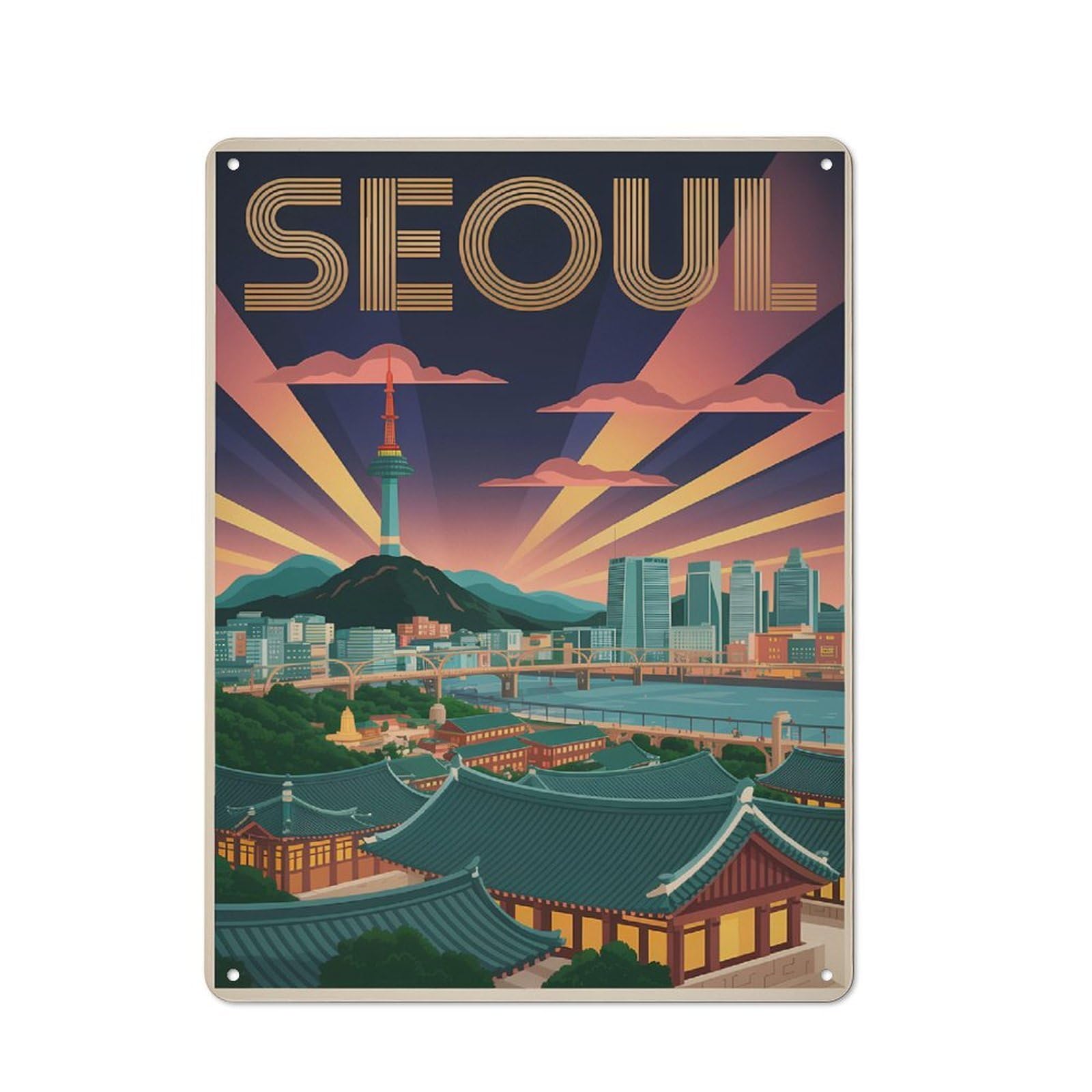 Junmoney Style-1 Seoul Cityscape Vintage Travel Rustic Metal Sign 40X30cm For Café Or Home Bar, Suited To Home Bar Enthusiasts, For Retro Home Interiors