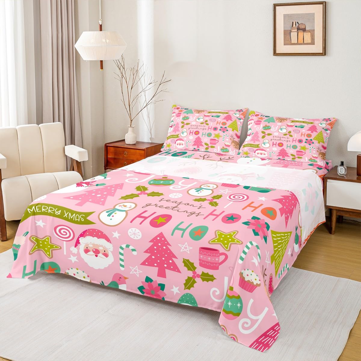 Erosebridal Pink Christmas Bed Sheets Cartoon Santa Claus Sheet Set Queen for Kids Boys Girls Women Bedroom Snowman