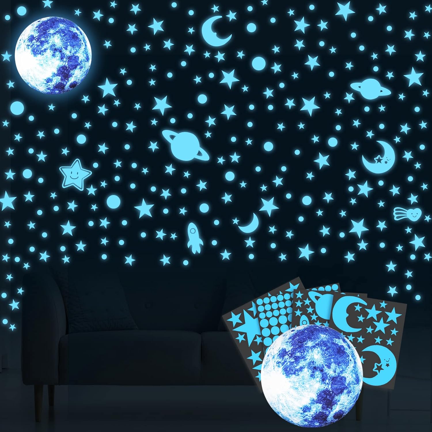 WD&CD Glow in The Dark Stars Wall Stickers, Blue Luminous Wall Decals