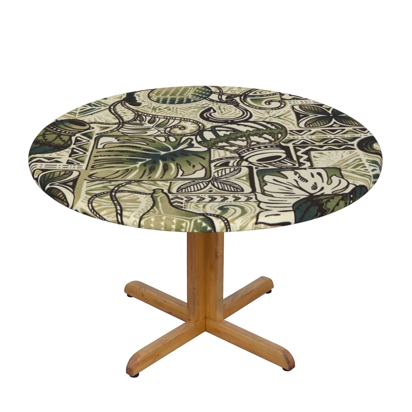 Lsjuee Round Fitted Tablecloth 40-44in Elastic Edged Table Cloth for Kitchen Dining Party Home Decor - Fishing Vintage Texture Green