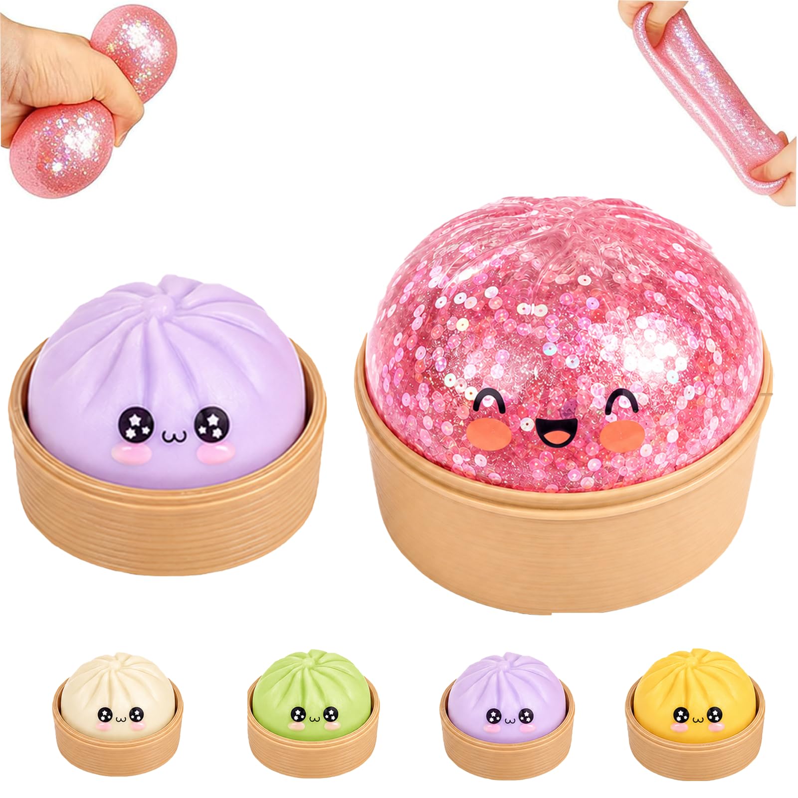 2Pcs Dumpling Squishy, Squishy Slow Rising Dumplings with Steamer, Mini Dumpling Desk Decoration for Office ,1 Big Glitter With 1 Random Color Mini Dumplings