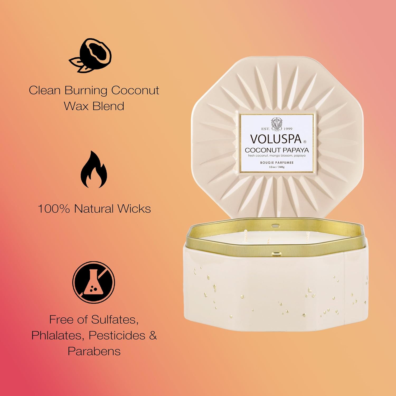 Voluspa Coconut Papaya, 3 Wick Tin Candle, 12 Ounces, 40 Hour Burn Time, Coconut Wax for Clean Burning, Handcrafted in The USA