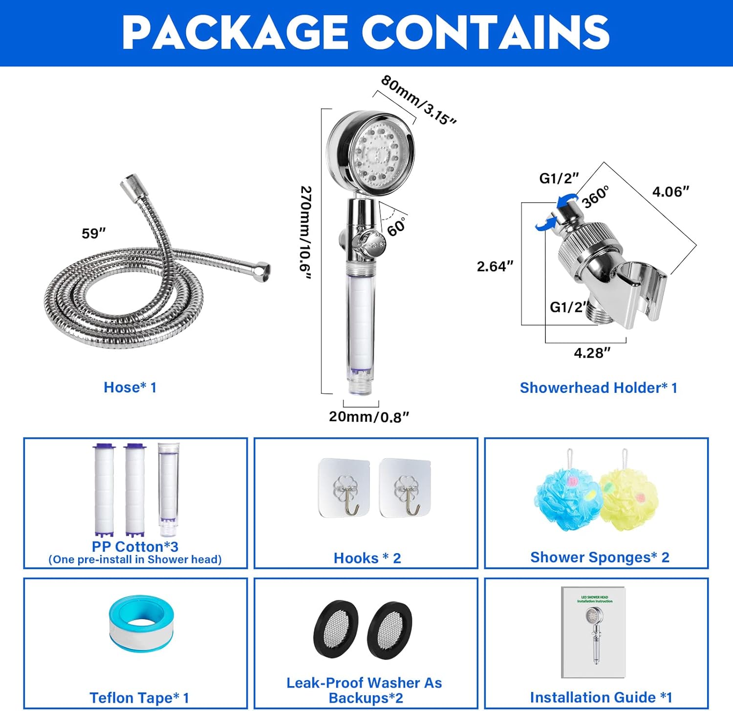 TGQQ LED Shower Head with Handheld, Shower Heads High Pressure Hydro Jet Shower Head with Hose, Holder & 3 Filters, 5 Water Temperature-Controlled Filtered Shower Head for Dry Hair