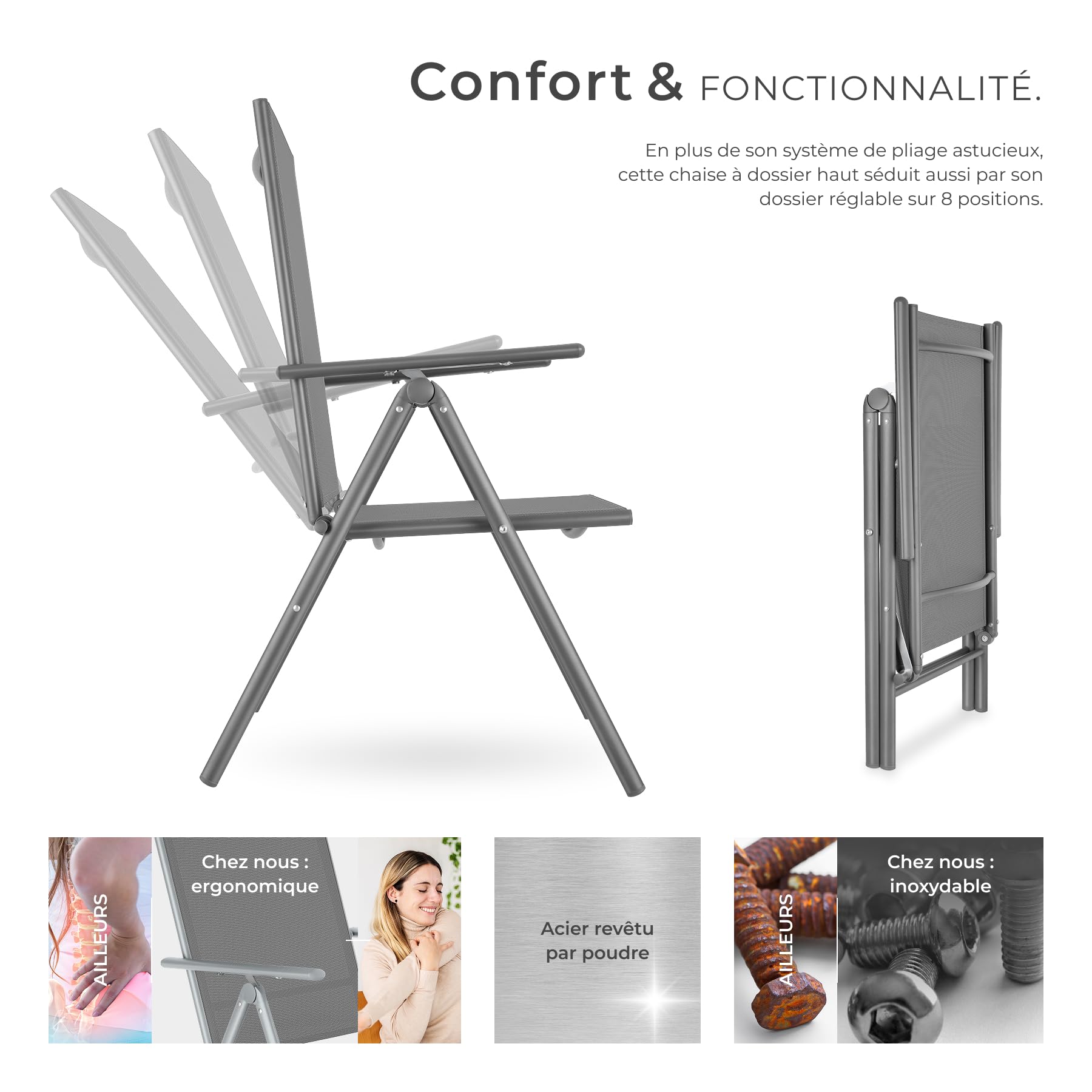 tectake® Chaise de Jardin Pliable 54,5x65x107,5 cm, Lot de 2, Dossier inclinable 8 Positions, Tissu Textilène, Résistantes intempéries et UV, Chaise extérieure, Fauteuil de Jardin, Gris Anthracite