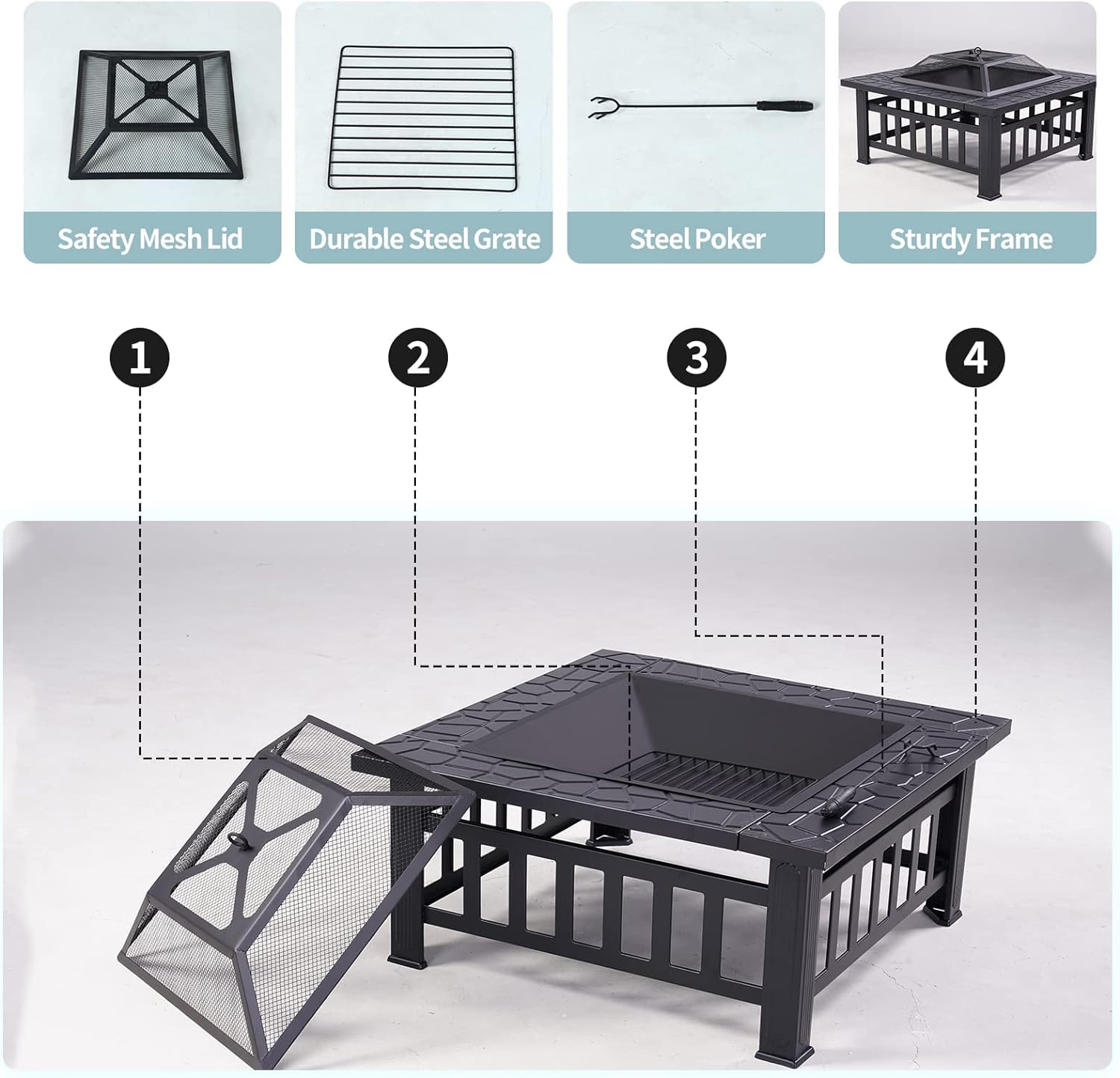 Braciere in metallo da 81 cm, quadrato, a legna, con attizzatoio in acciaio e copertura per esterni, patio, giardino, cortile, campeggio, riscaldamento