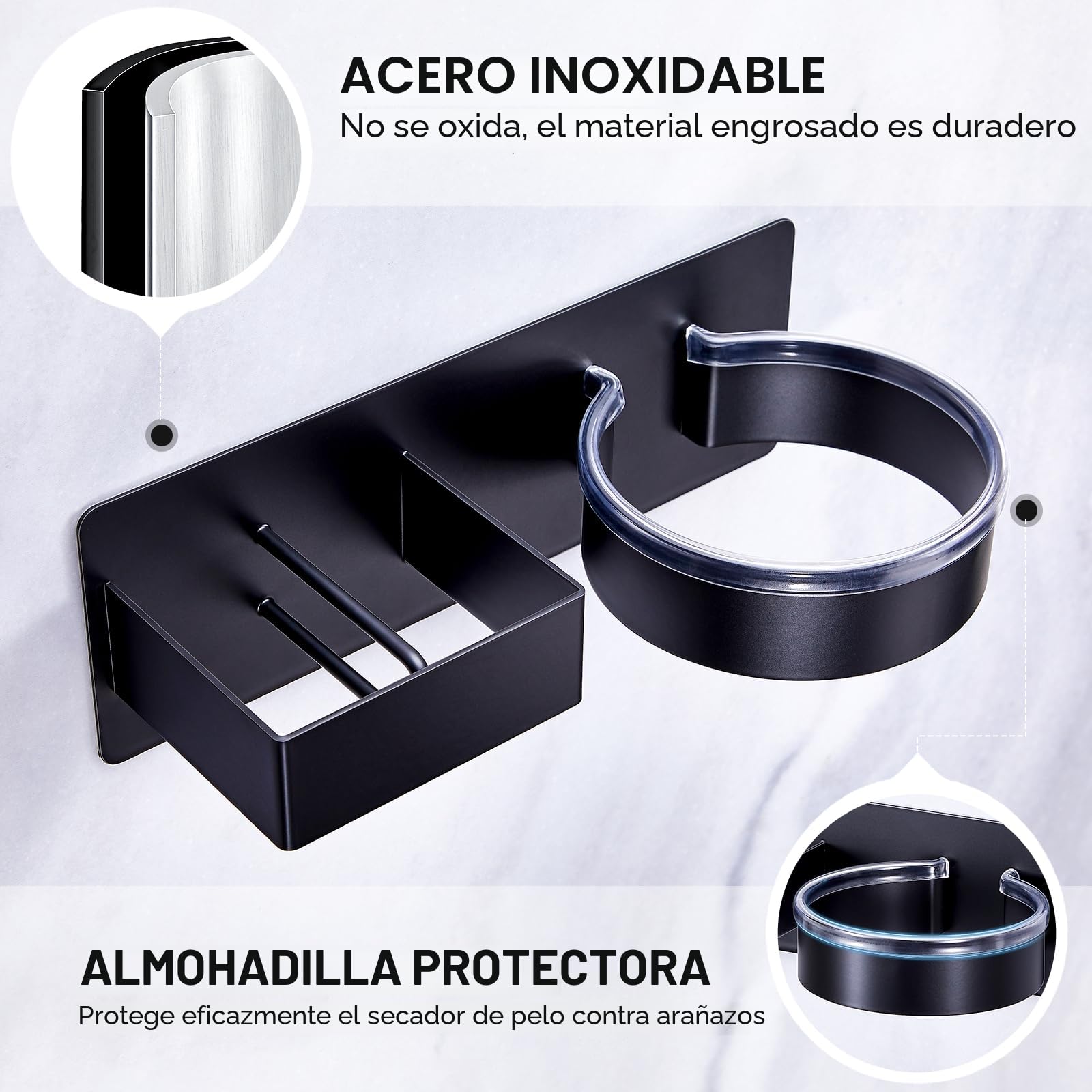 Soporte Secador de Pelo Autoadhesivo de Pared Sin Taladrar, Soporte para Secador y Plancha, Negro